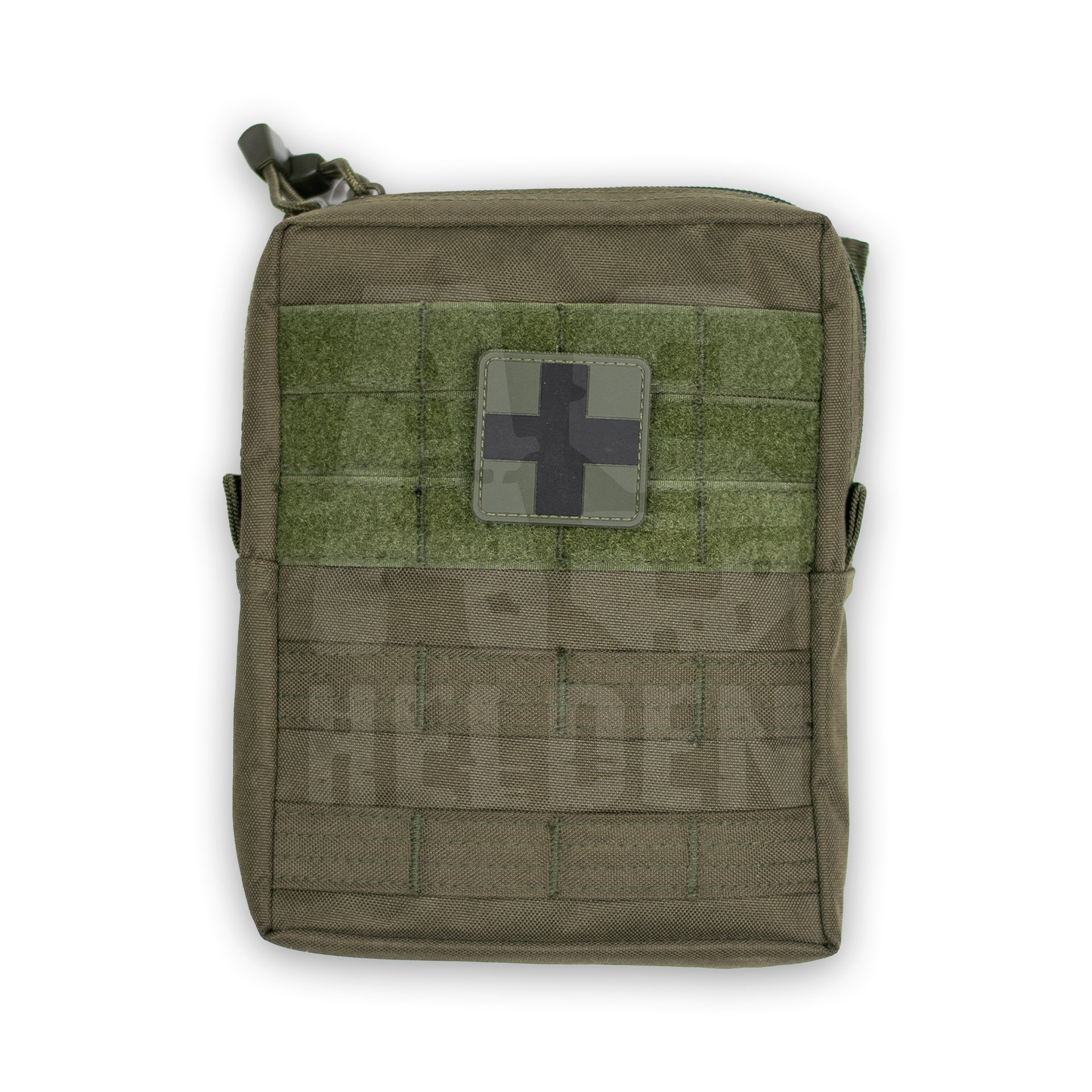 Olivegrüne Airsoft-Tasche mit Kreuz-Patch und MOLLE-Schlaufen auf der Vorderseite.