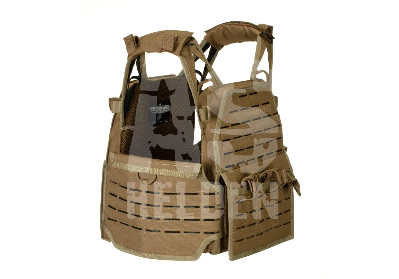 Taktische Weste in Coyote-Braun mit Molle-System, geeignet für Airsoft-Einsatz.