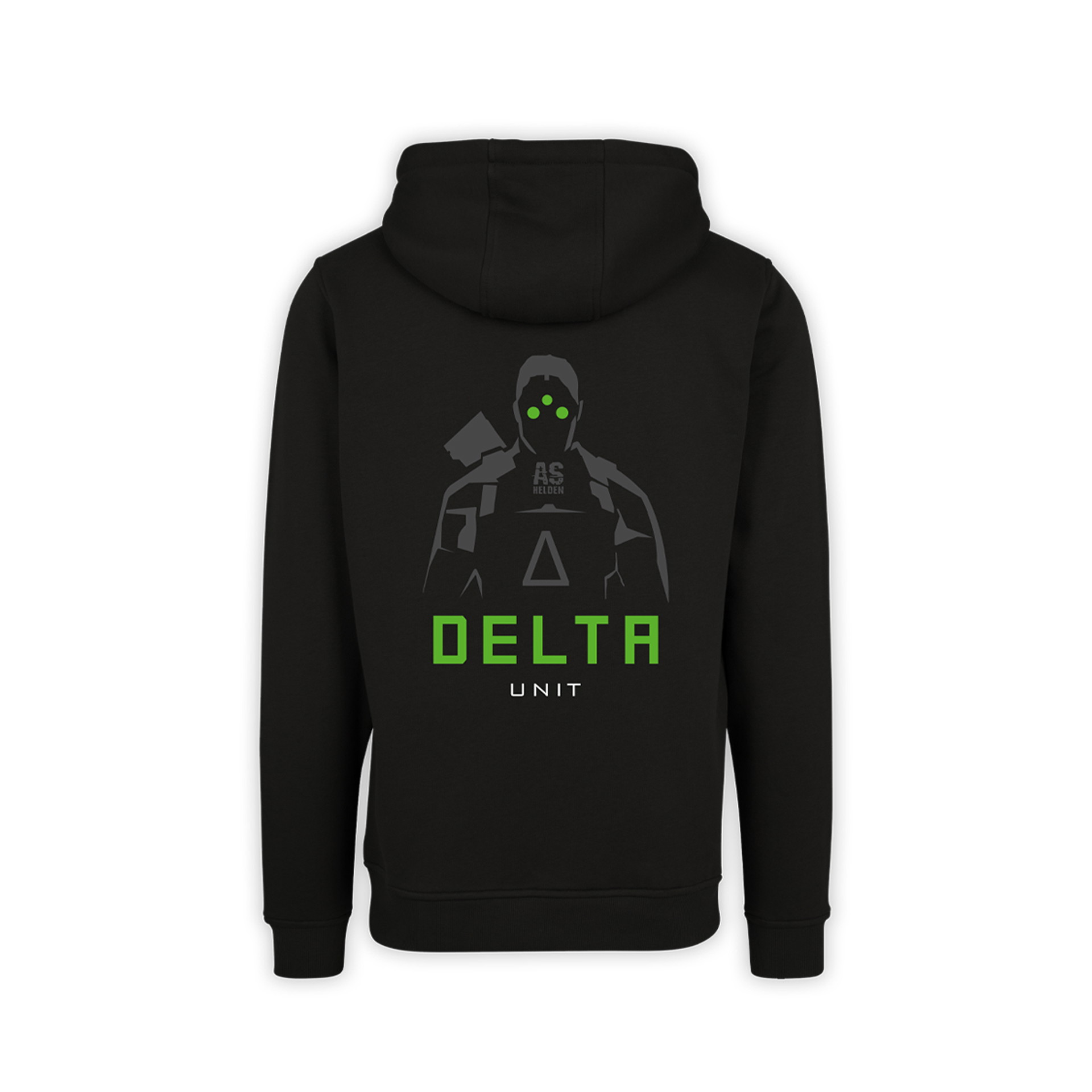 Schwarzer Hoodie mit "DELTA UNIT"-Design in Grün und einem stilisierten Soldatenmotiv auf der Rückseite.