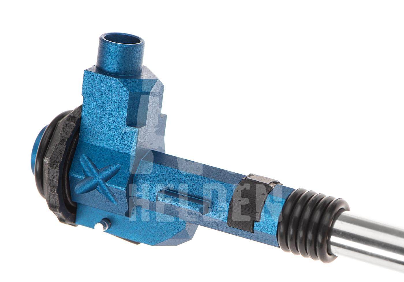 Hop-Up-Kammer in Blau für Airsoft-Gewehre, präzise Verarbeitung, seitliche Einstellschrauben, kompatibel mit gängigen Modellen.