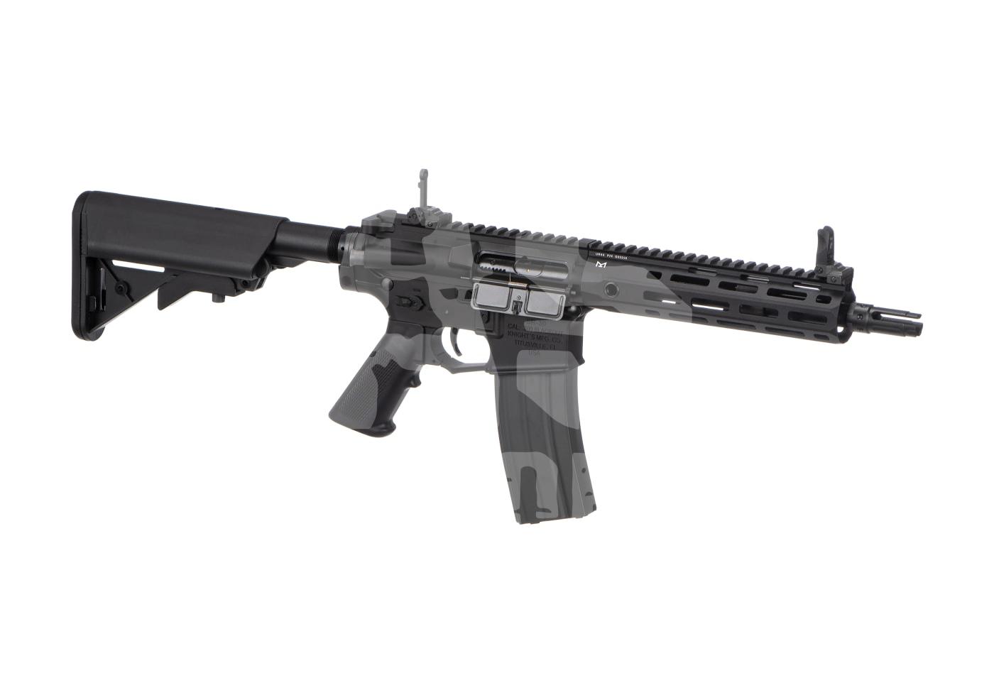 Airsoft-Sturmgewehr in taktischem Schwarz mit M-Lok-Schiene und verstellbarem Schaft.