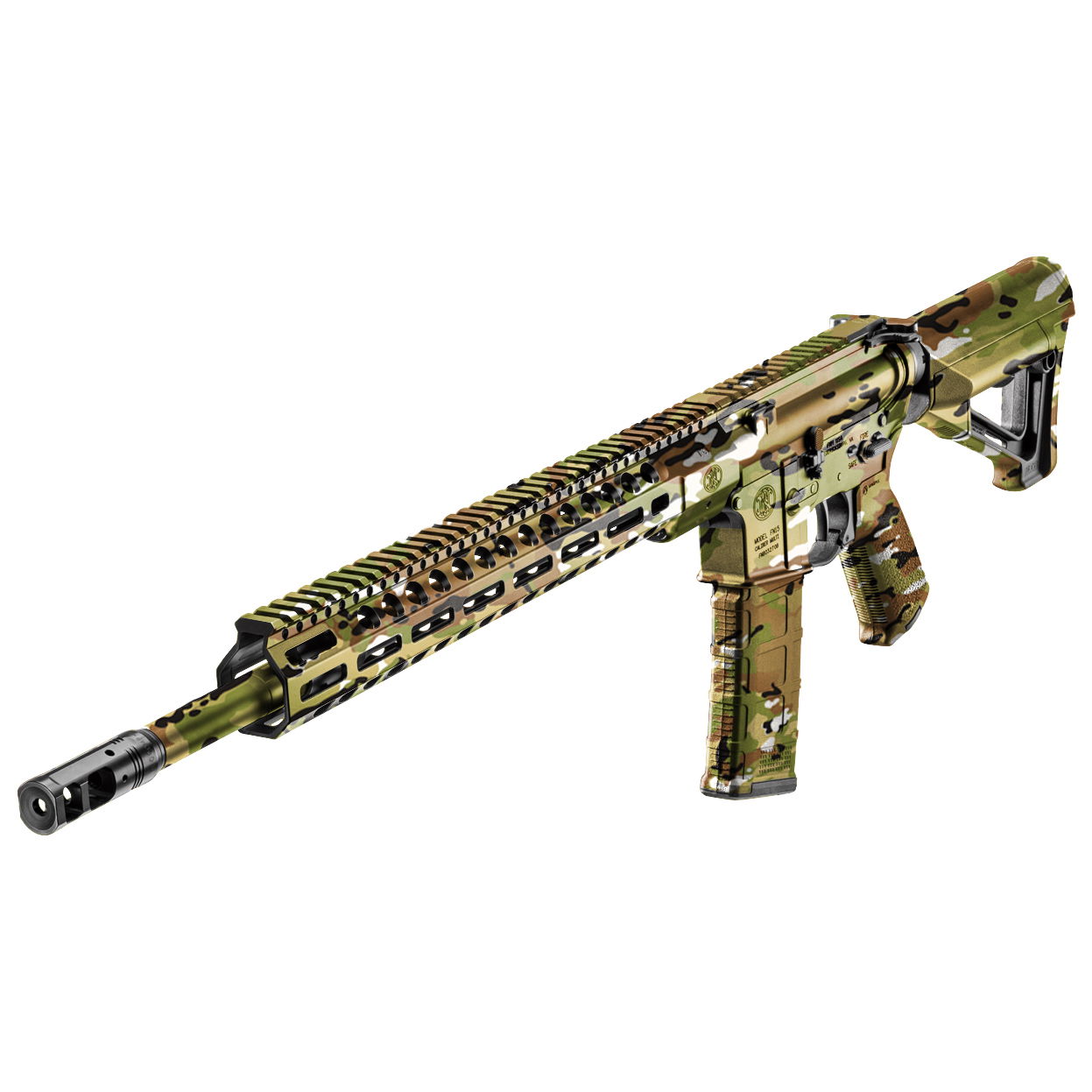 Airsoft-Gewehr im Tarn-Look mit langem Vorderschaft und taktischem Design.