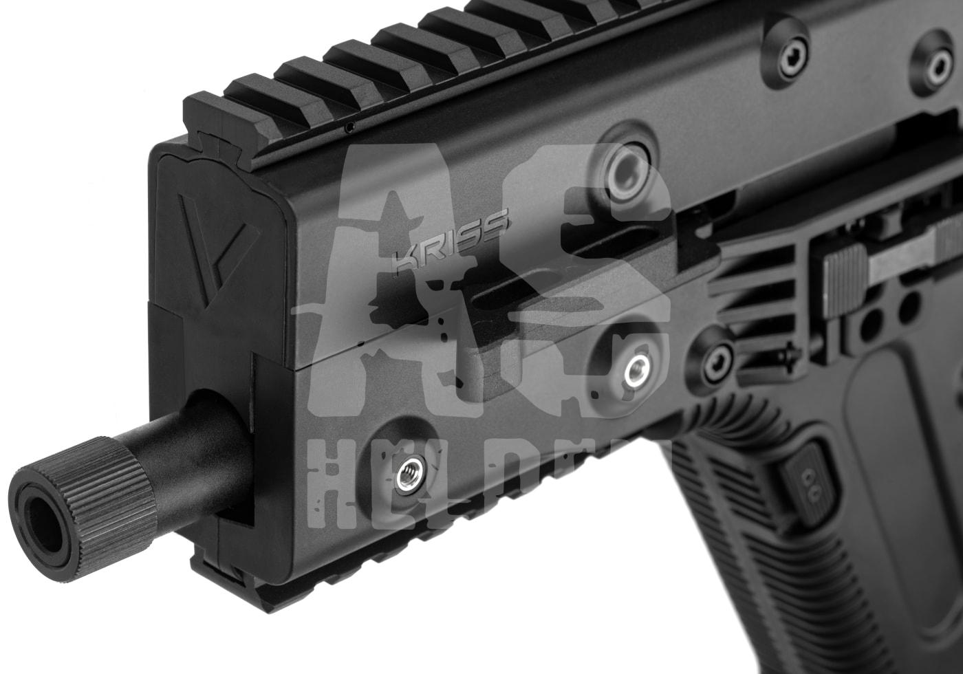 Krytac Kriss Vector S-GBB schwarz - ab 18 Jahren Nahaufnahme einer schwarzen Airsoft-Visiermontage mit Textur, Schrauben und Gewinde.