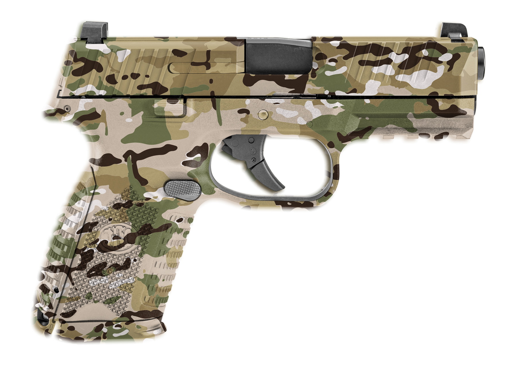 Tarnfarbene Airsoft-Pistole im modernen Camo-Design, seitliche Ansicht.