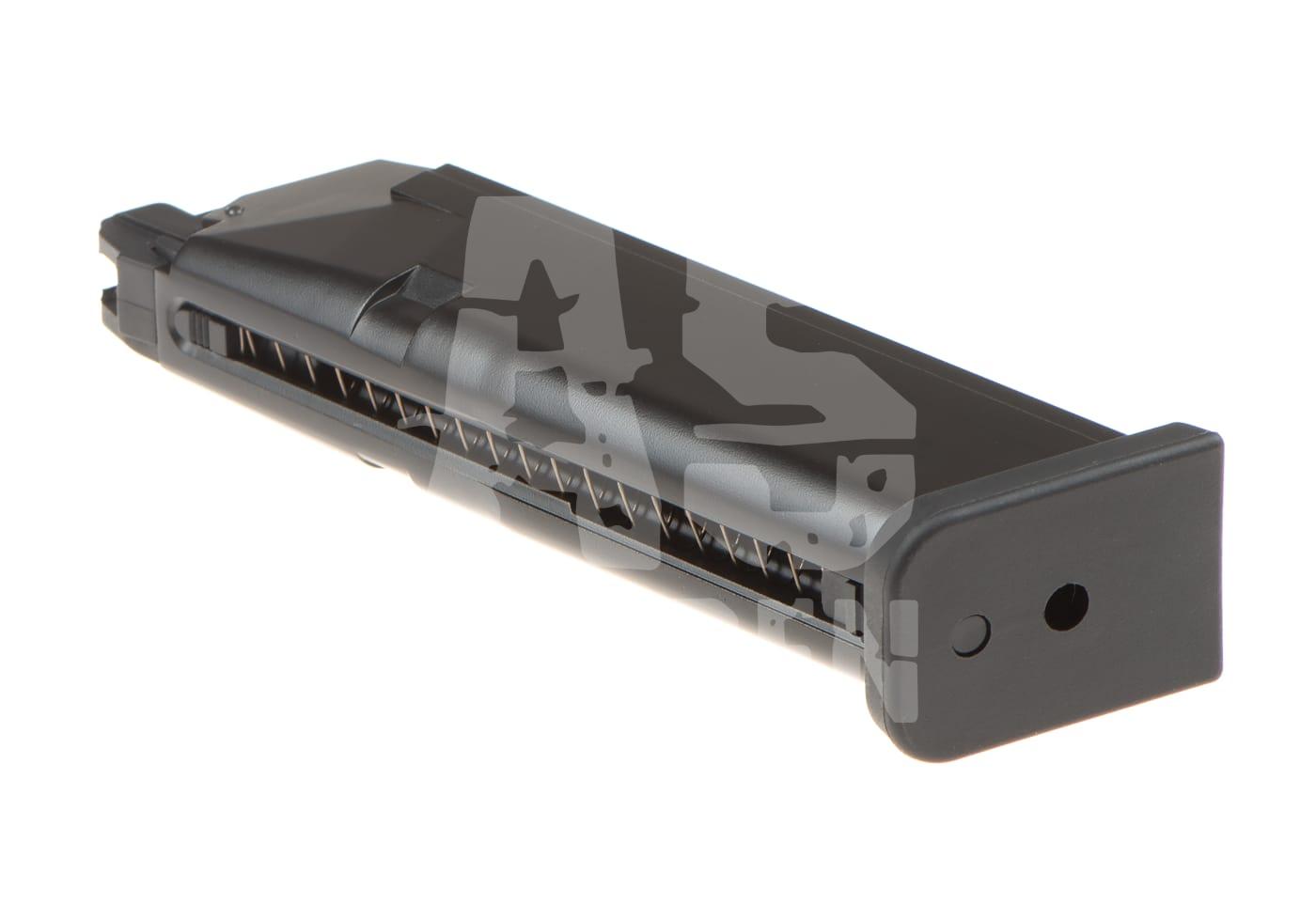 Airsoft Magazin, schwarz, seitlich liegend, auf weißem Hintergrund.