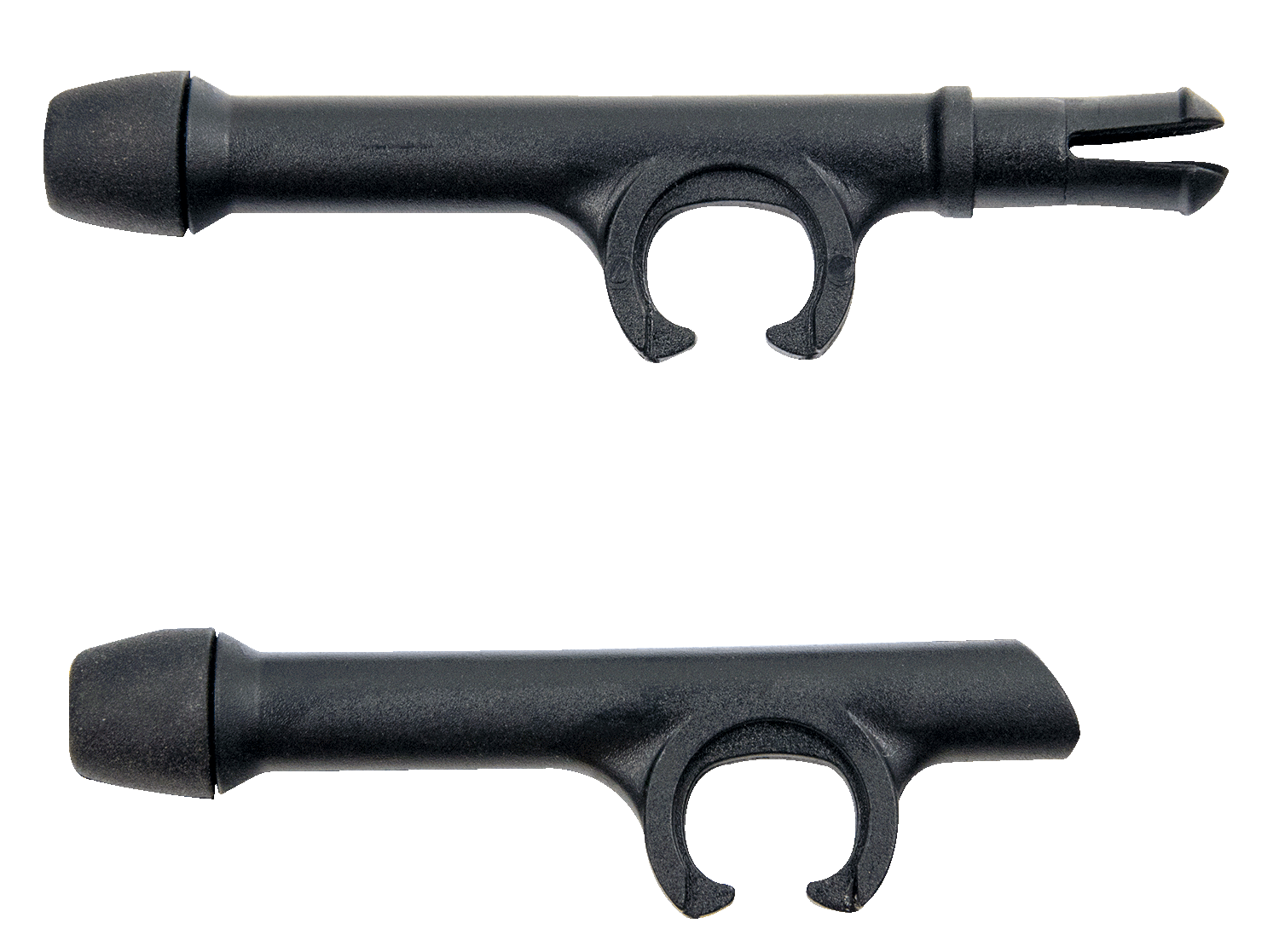 Schwarze Airsoft-Magazinladungshilfe in Pfeifenform, oben und unten gezeigt.