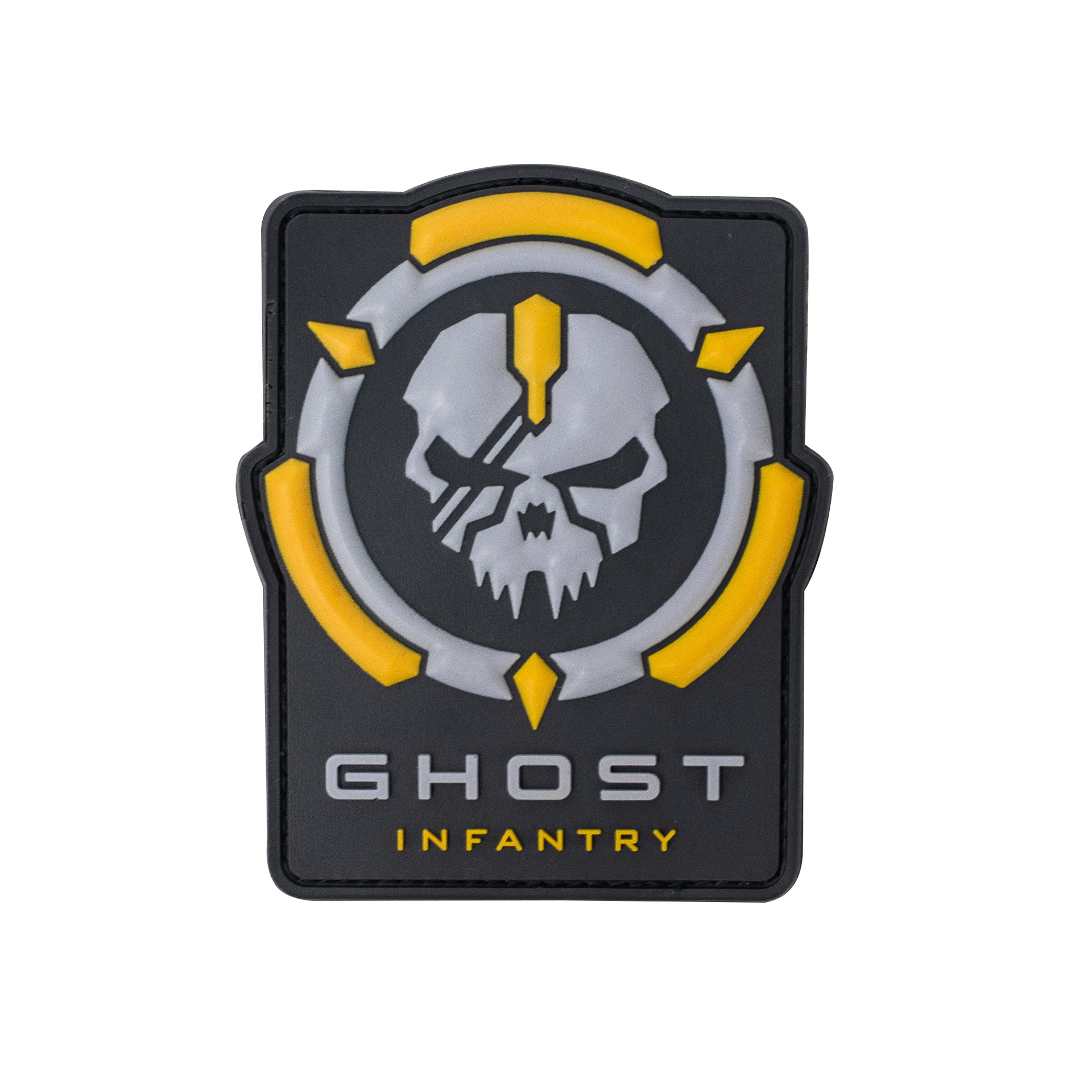 Schwarzer Patch mit gelbem und grauem Totenkopf, umgeben von einem Kreis, „GHOST INFANTRY“-Schriftzug unten.