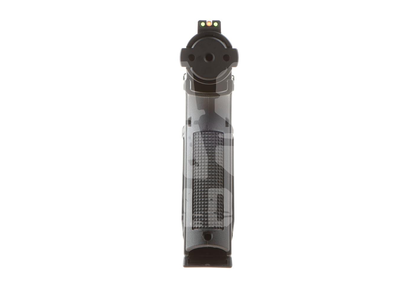 Vorderansicht eines Airsoft-Visiers auf einer Pistole, schwarz-graues Design mit hellen Highlight-Markierungen.
