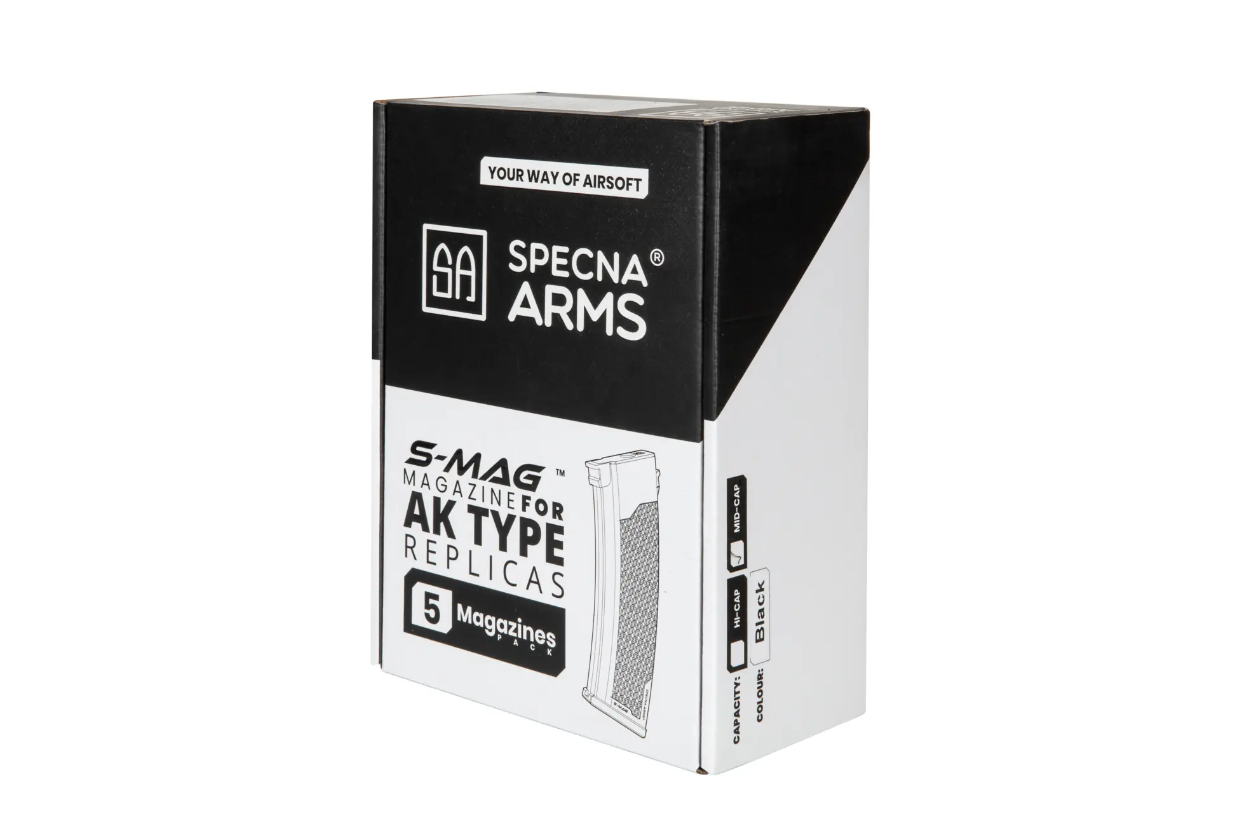 Specna Arms S-Mag Verpackung für AK-Replica, 5 Magazine, Mid-Cap, schwarz.