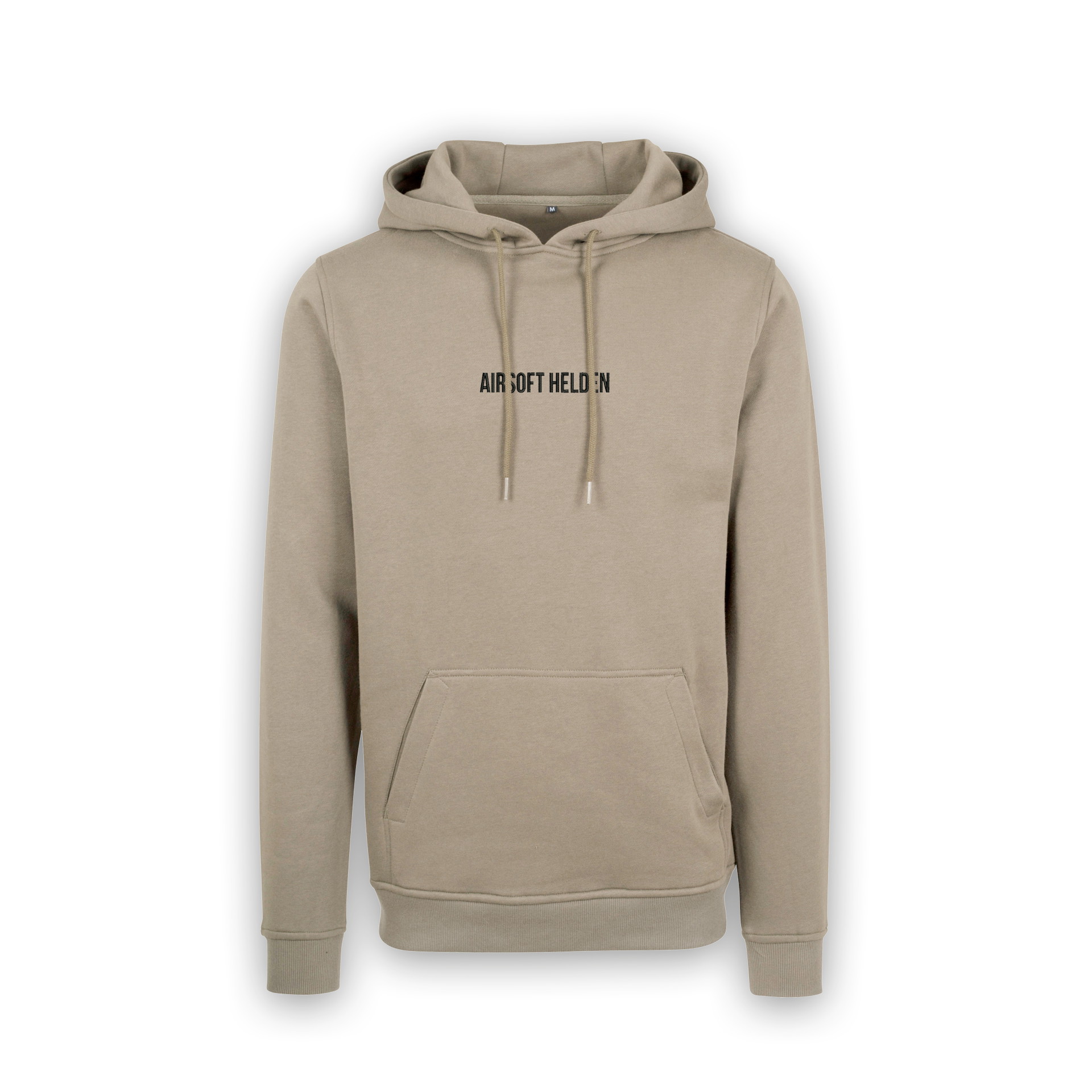 Beiger Hoodie mit "AIRSOFT HELDEN" Schriftzug, Kängurutasche, Kapuze mit Kordelzug.