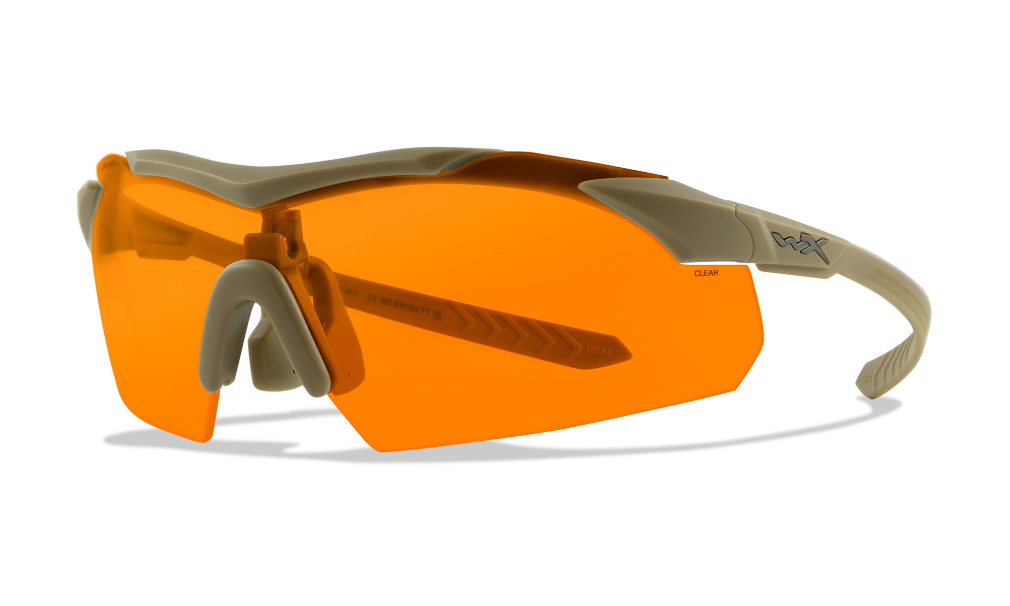 Sportliche Brille mit orangefarbenen Gläsern und beigem Rahmen.