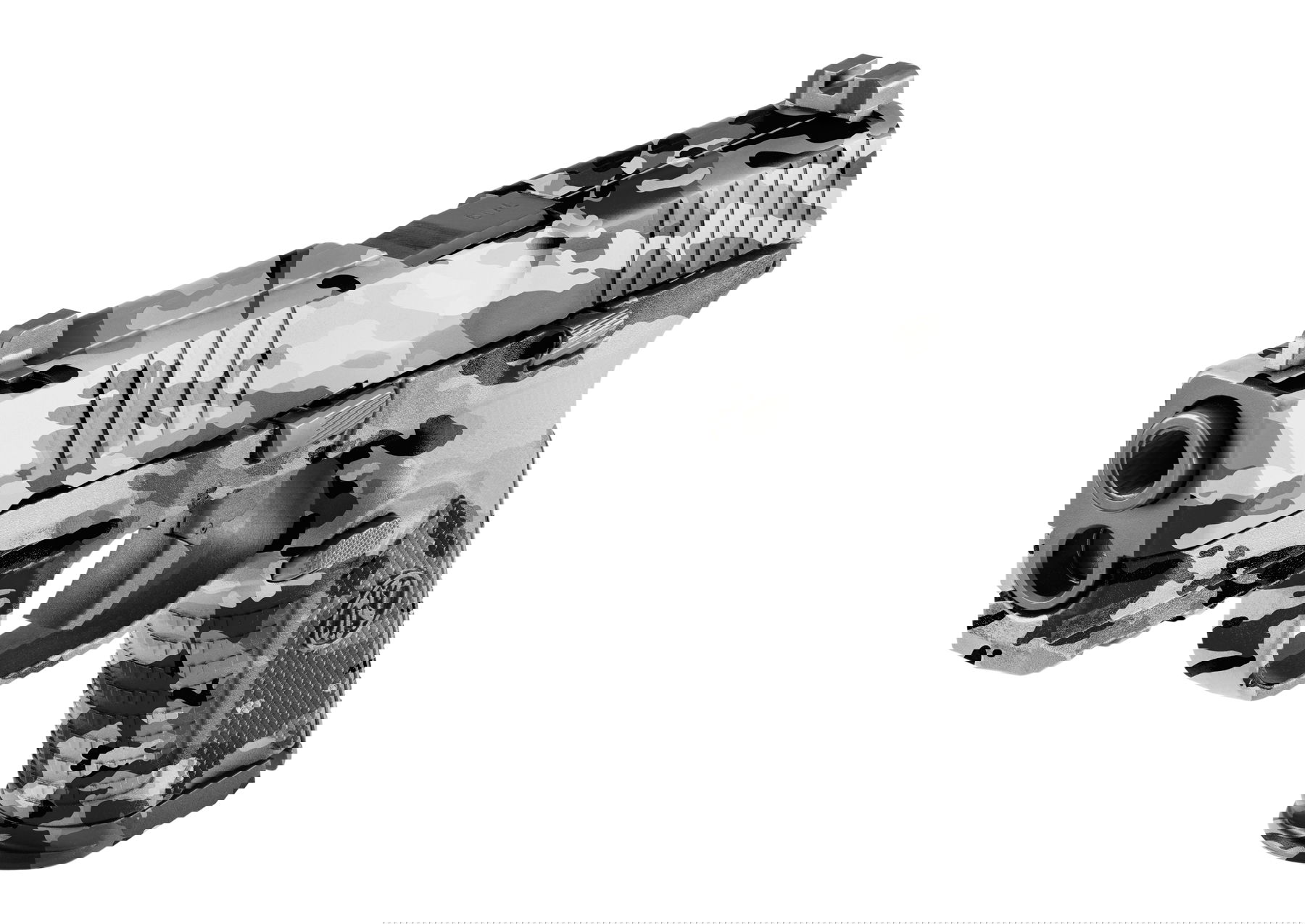 Airsoft-Pistole mit grauem Tarnmuster, seitlich nach links gerichtet.