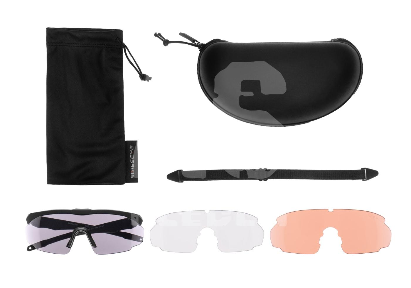 Airsoft-Brillen-Set: schwarze Brille, drei Gläser, Etui, Tasche und Riemen für optimalen Schutz und Vielfalt im Spiel.