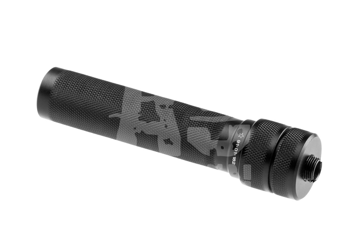Schwarzer Airsoft-Schalldämpfer mit geriffelter Oberfläche und Schraubgewinde.