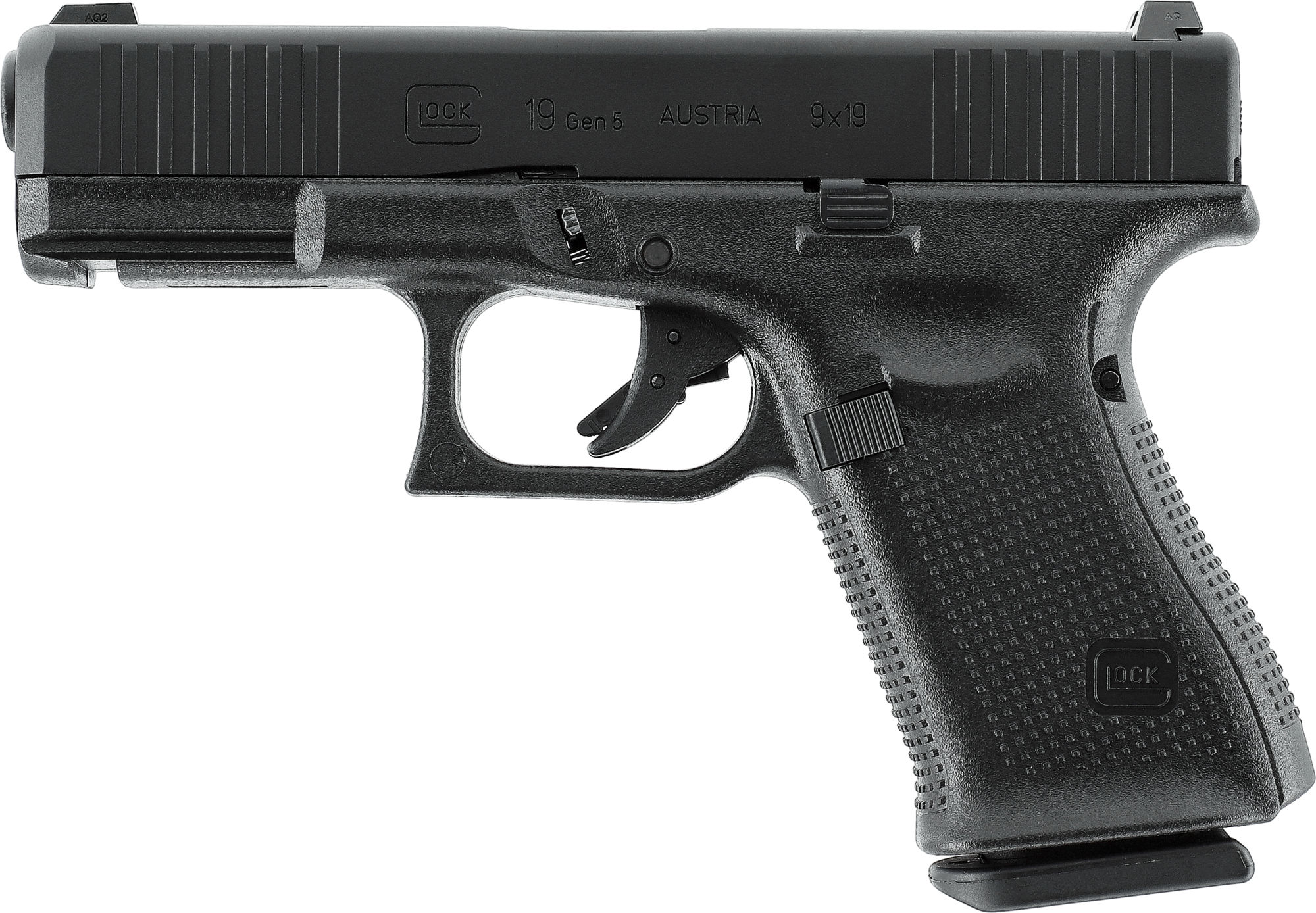 Schwarze Airsoft-Pistole, seitliche Ansicht, Griffstück mit Struktur, moderner Abzug.