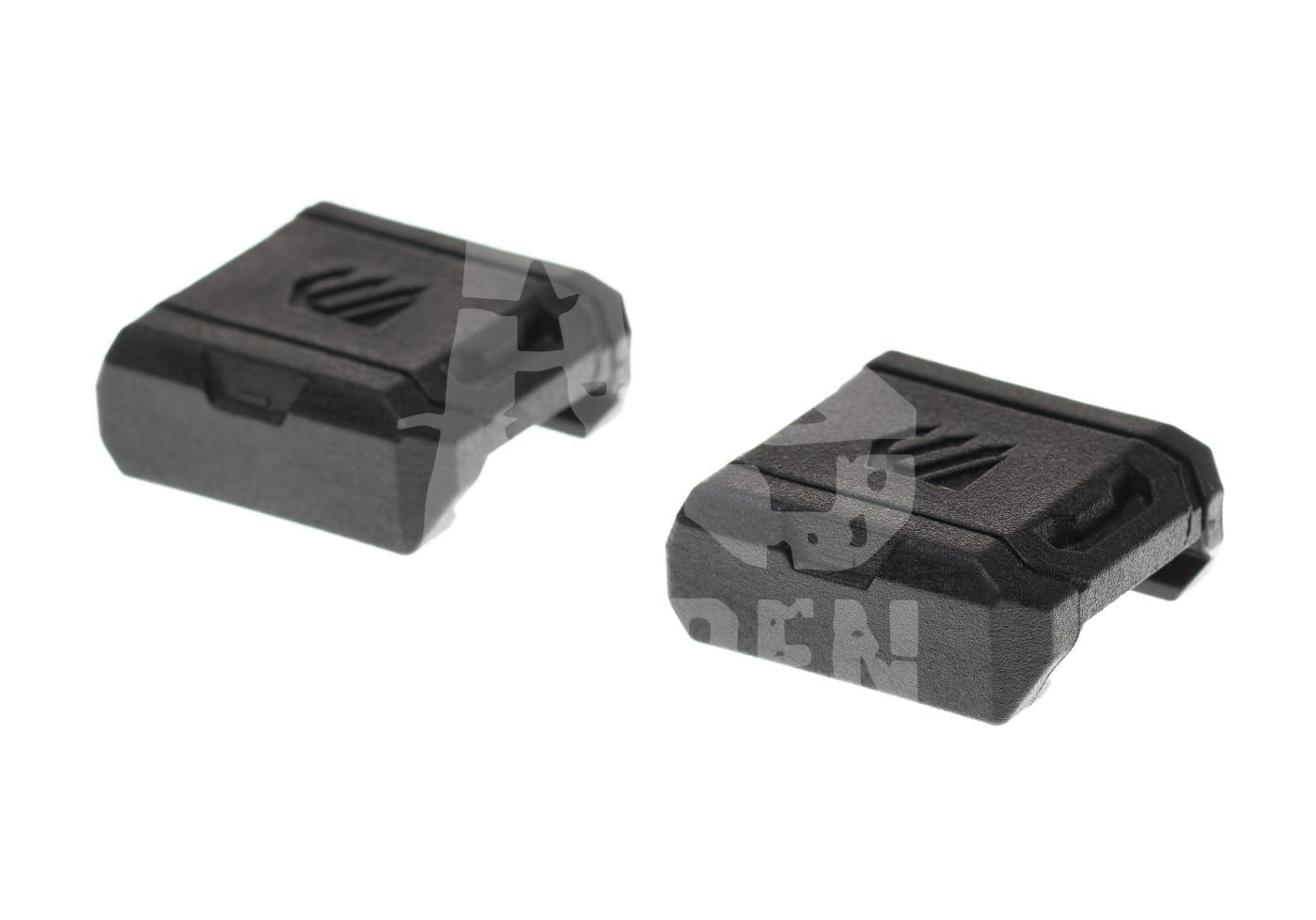 Omnivore Rail Attachment Device Zwei schwarze Picatinny-Abdeckungen für Airsoft-Schienen, robustes Design.