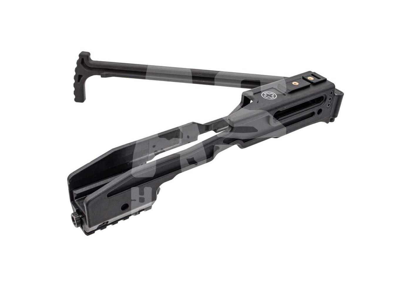 Schwarzer Airsoft-Klappschaft für Gewehre, robustes Design mit verstellbarem Mechanismus.