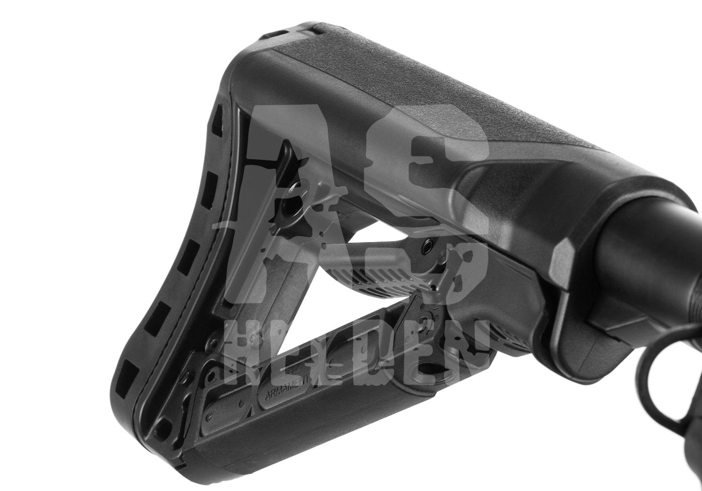 G&G GC16 E.T.U. SRL S-AEG - ab 18 Jahren Verstellbarer Airsoft-Schaft in Schwarz, detaillierte Ansicht der Konstruktionselemente.