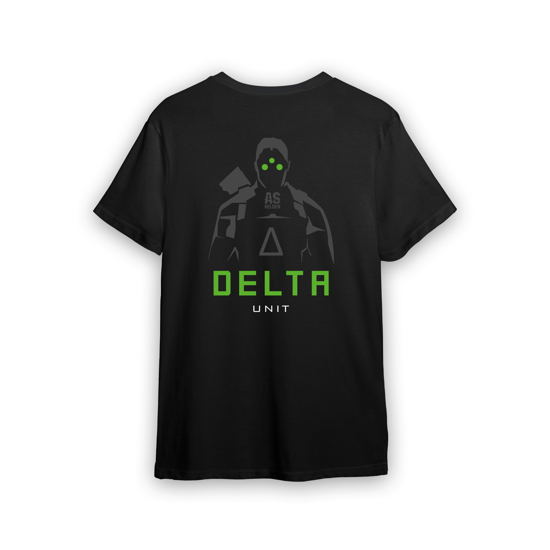 Schwarzes T-Shirt mit "Delta Unit"-Druck, grünem Text und stilisiertem Soldaten auf der Rückseite.