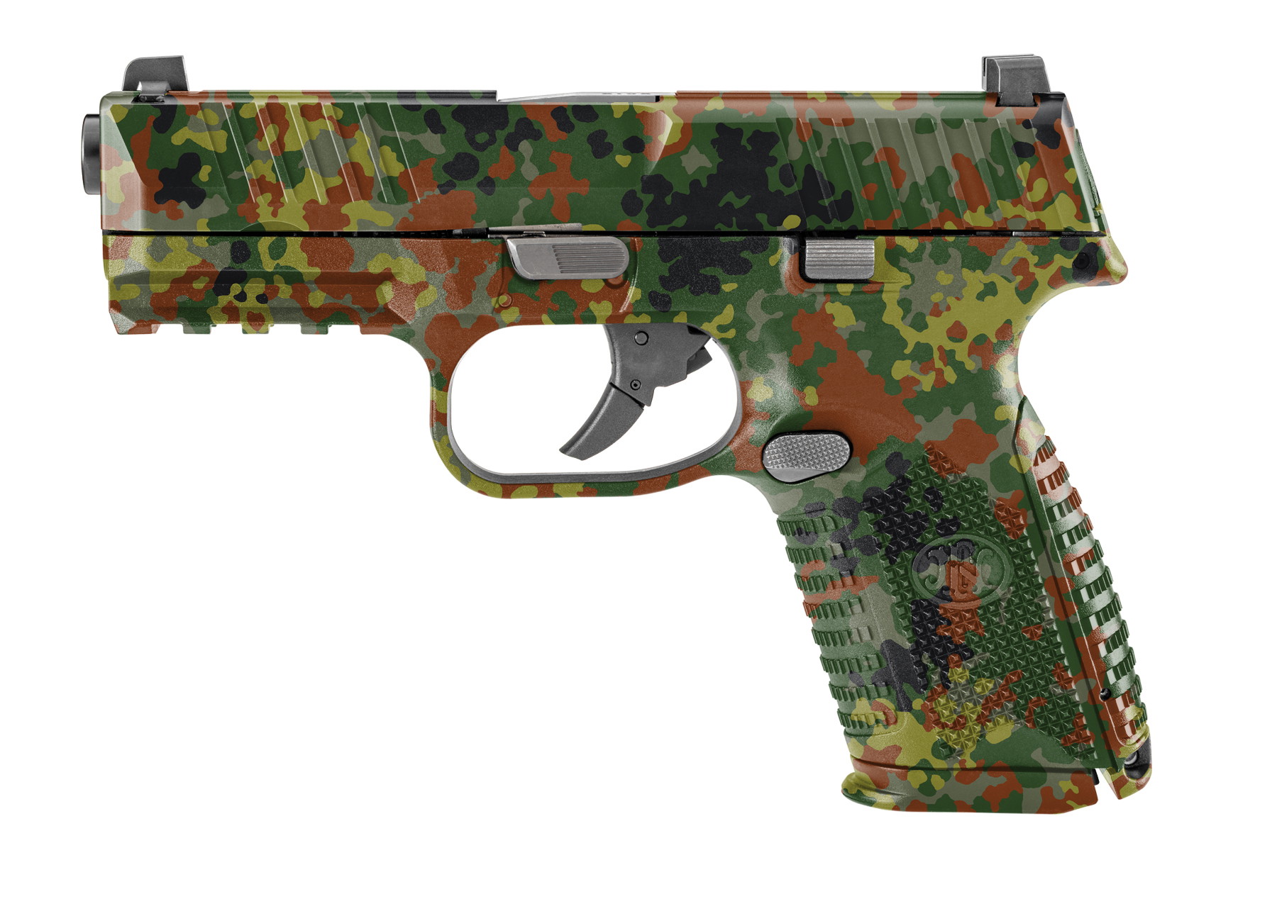 Airsoft-Pistole mit Flecktarnmuster, kompakte Bauweise für taktisches Spiel.