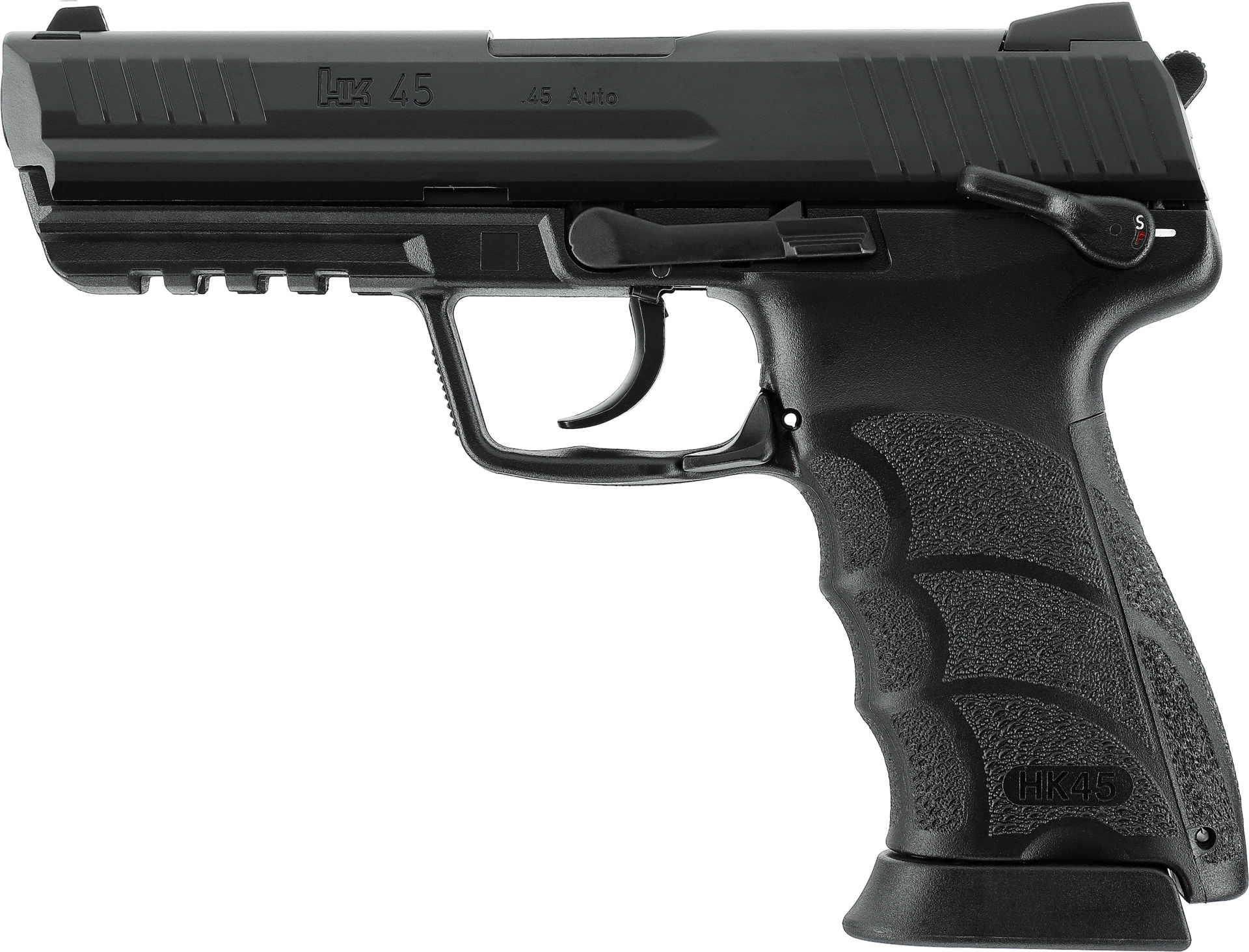 Schwarze Airsoft-Pistole HK 45 mit Logo und Texturgriff, seitliche Ansicht.