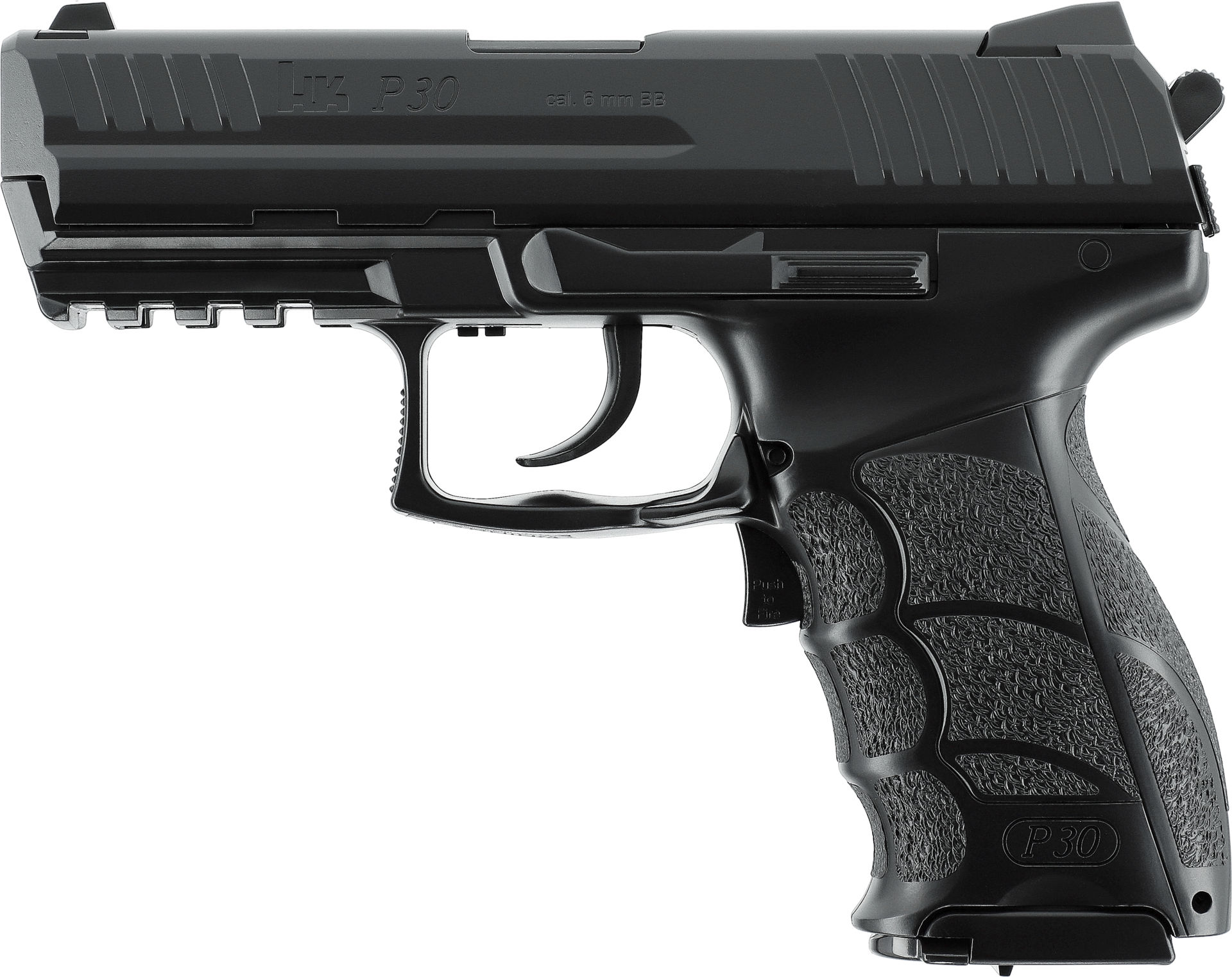 Schwarze Airsoft-Pistole H&K P30, Kaliber 6mm BB, mit strukturiertem Griff und Schiene.