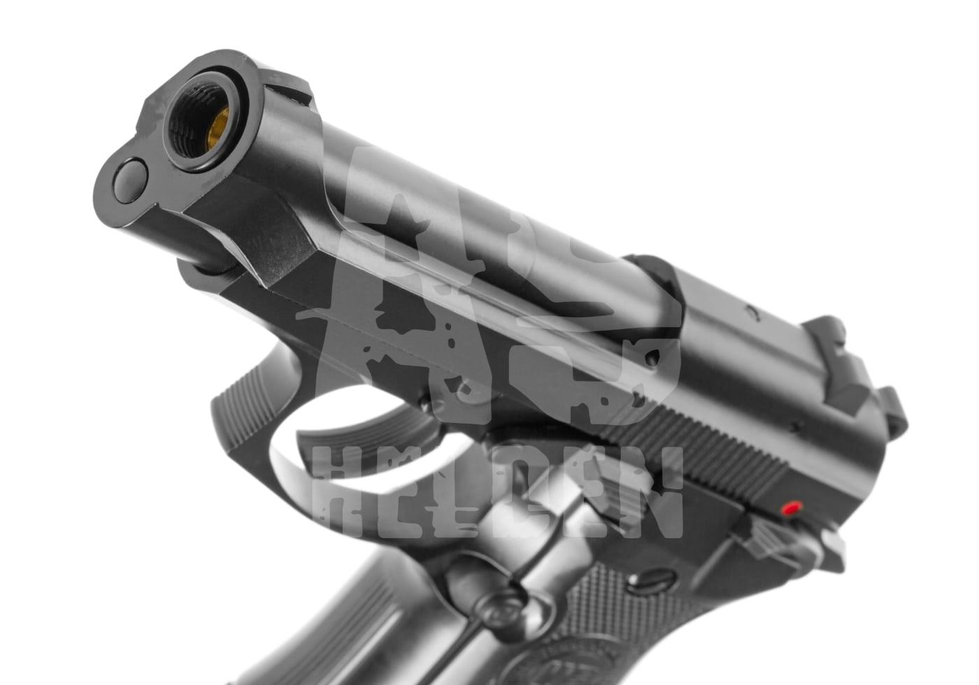 Nahaufnahme einer schwarzen Airsoft-Pistole mit sichtbarer Mündung und Abzug.