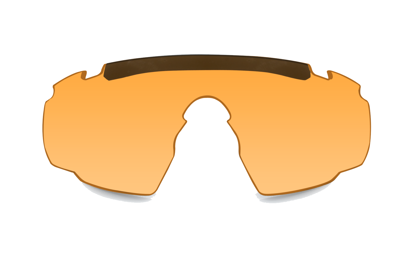 Orange getöntes, randloses Brillenglas mit schwarzen Akzenten auf weißem Hintergrund.