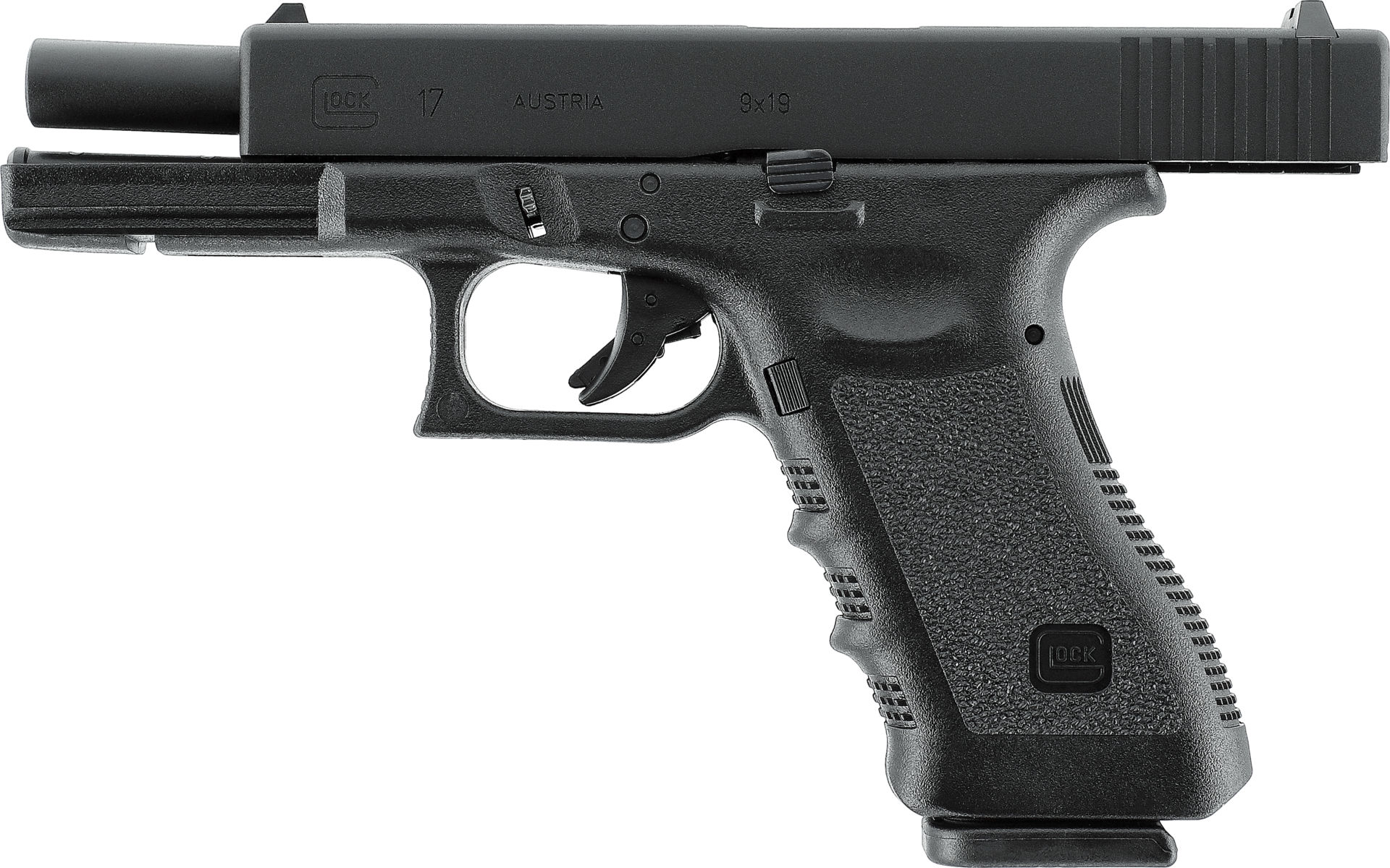 Schwarze Airsoft-Pistole, Modell Glock 17, Seitenansicht.