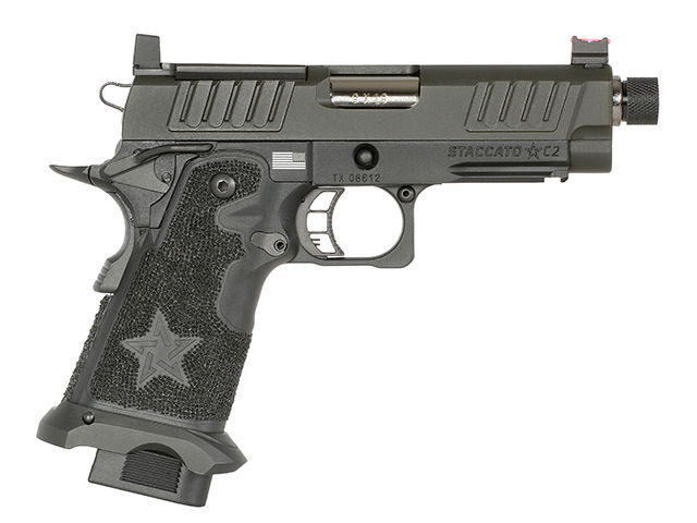 Airsoft-Pistole in Schwarz, mit strukturiertem Griff und taktischen Merkmalen, seitliche Ansicht.