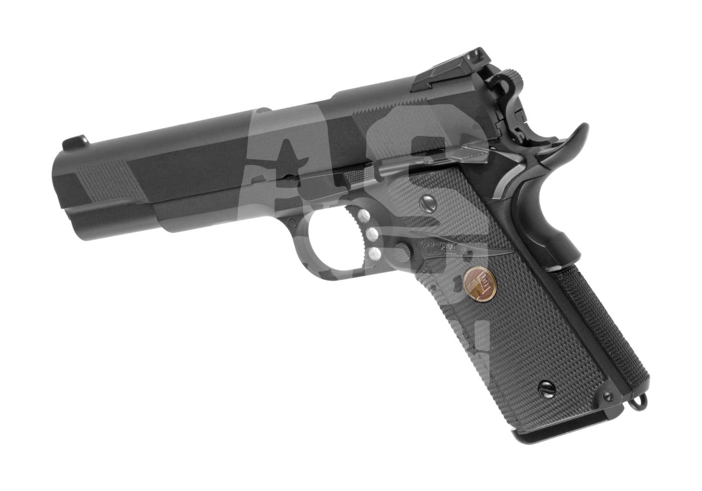 Schwarze Airsoft-Pistole, linke Seitenansicht, zeigt Griff und Abzug.