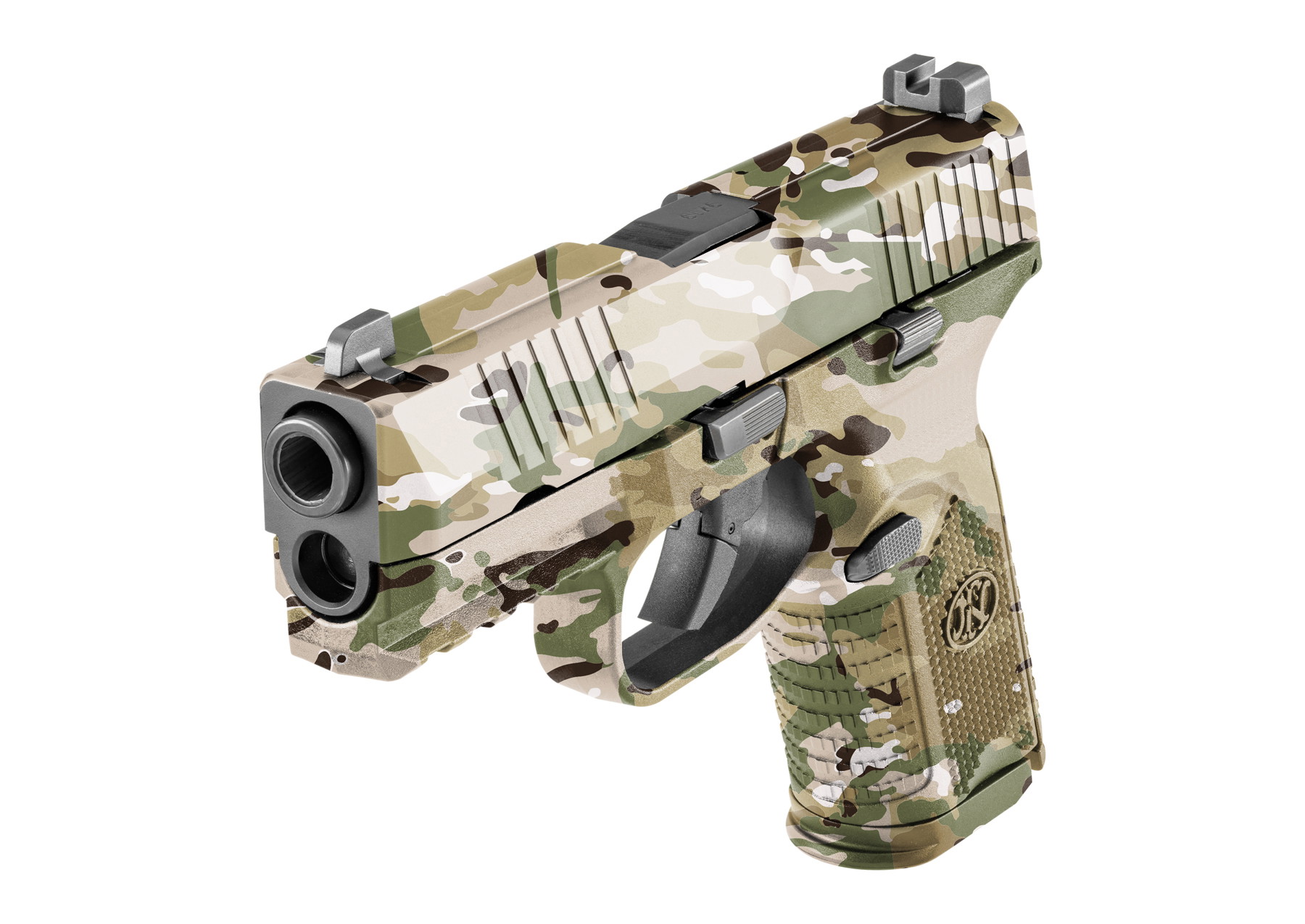 Tarnfarbene Airsoft-Pistole mit modernem Design und kompaktem Griff.