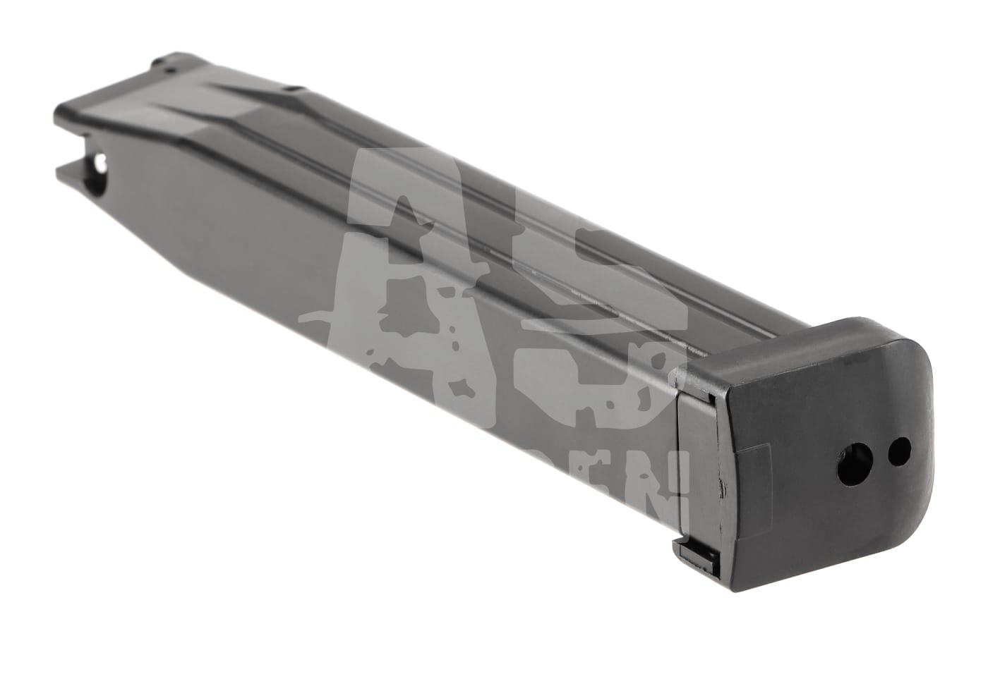 Schwarzes Airsoft-Magazin, schräg von der Seite fotografiert.