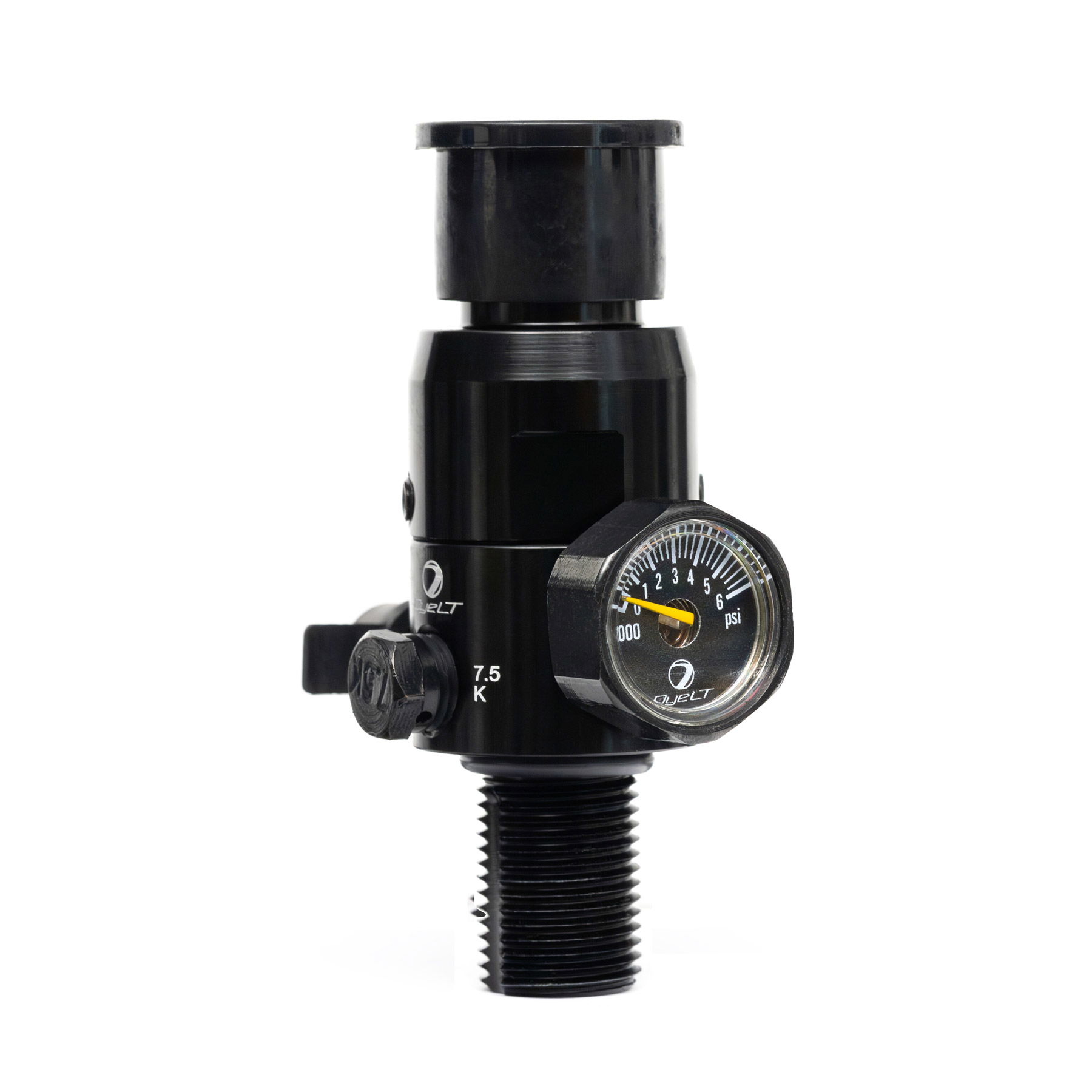 Schwarzes Druckregelventil mit Manometer, zeigt psi-Wert und Gewindeanschluss.
