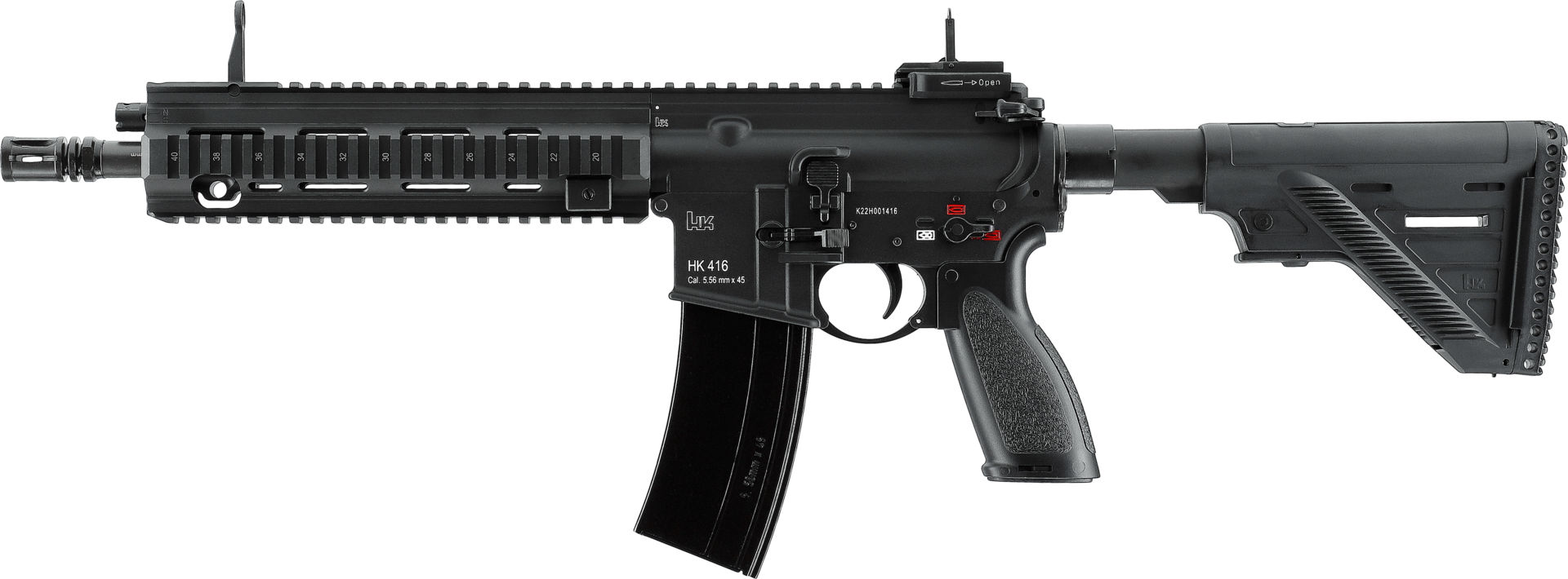 HK416 Airsoft-Gewehr, schwarze Farbe, taktisches Design, längenverstellbarer Schaft. Ideal für Airsoft-Spiele.