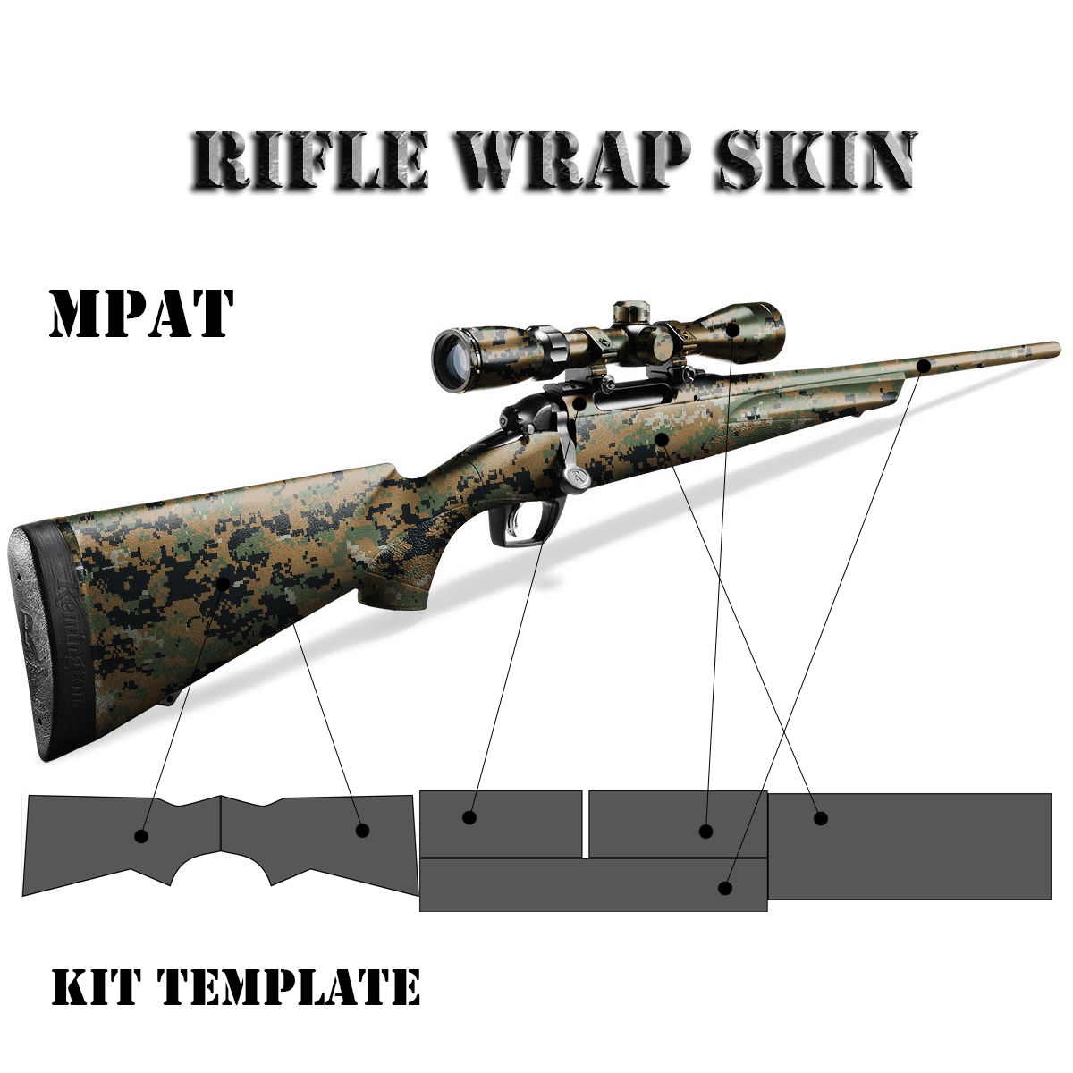 GunsWrap Rifle Skins MPAT Gewehr-Skin mit Tarnmuster und Kit-Vorlage im Hintergrund.