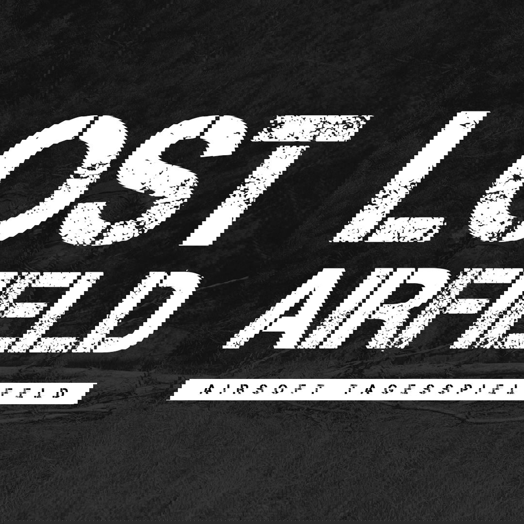 Text "Lost Airfield" auf dunklem Hintergrund, Untertitel "Airsoft Tagesspielfeld".