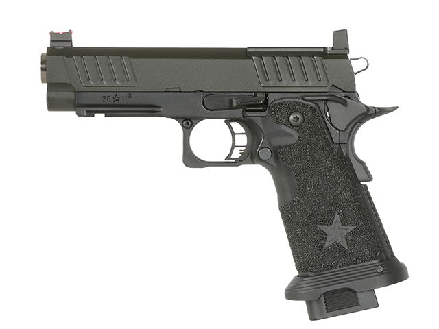 Airsoft-Pistole, schwarz, mit strukturiertem Griff und Sternmotiv auf dem Griff.