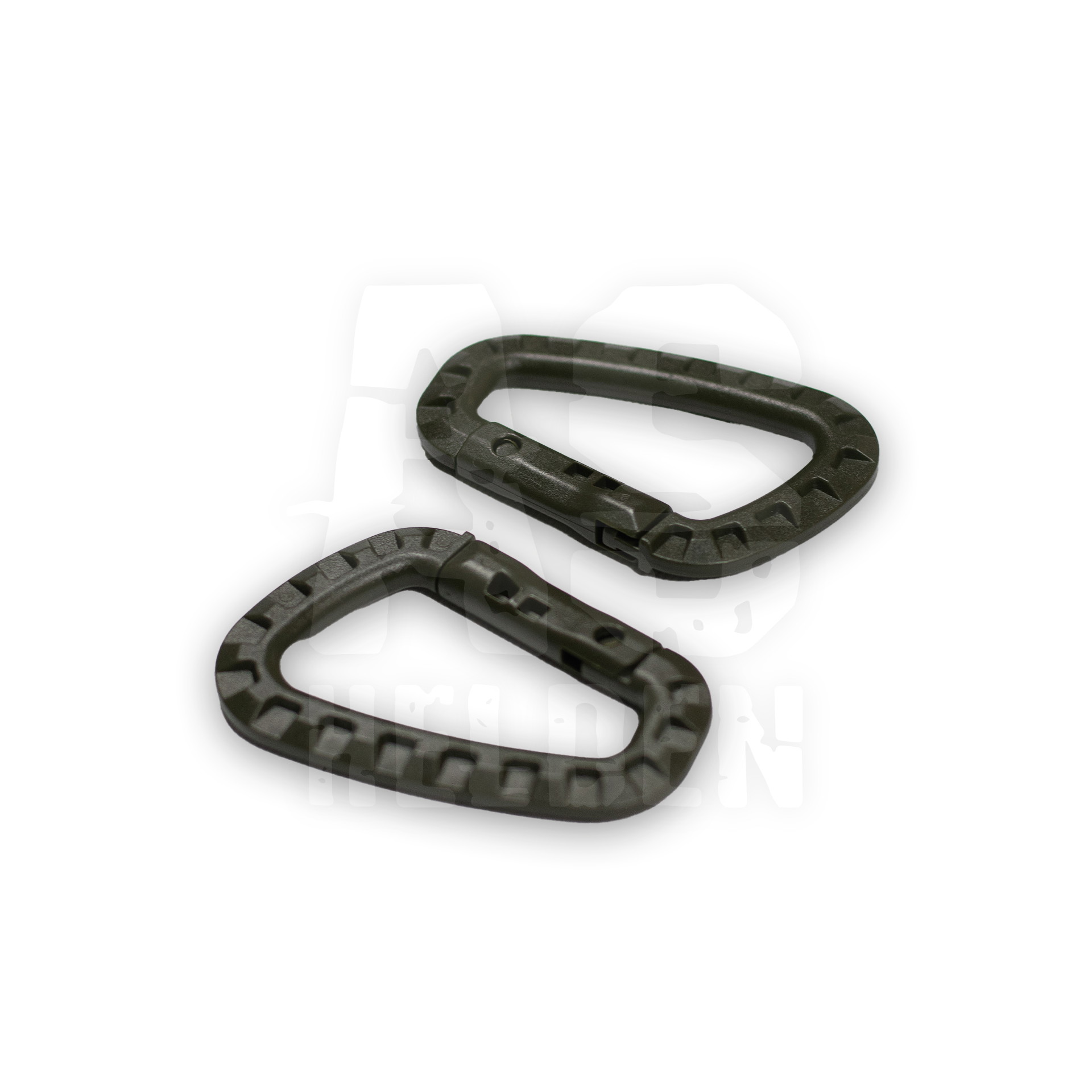 Zwei schwarze Kunststoffkarabiner für Airsoft-Ausrüstung auf weißem Hintergrund.