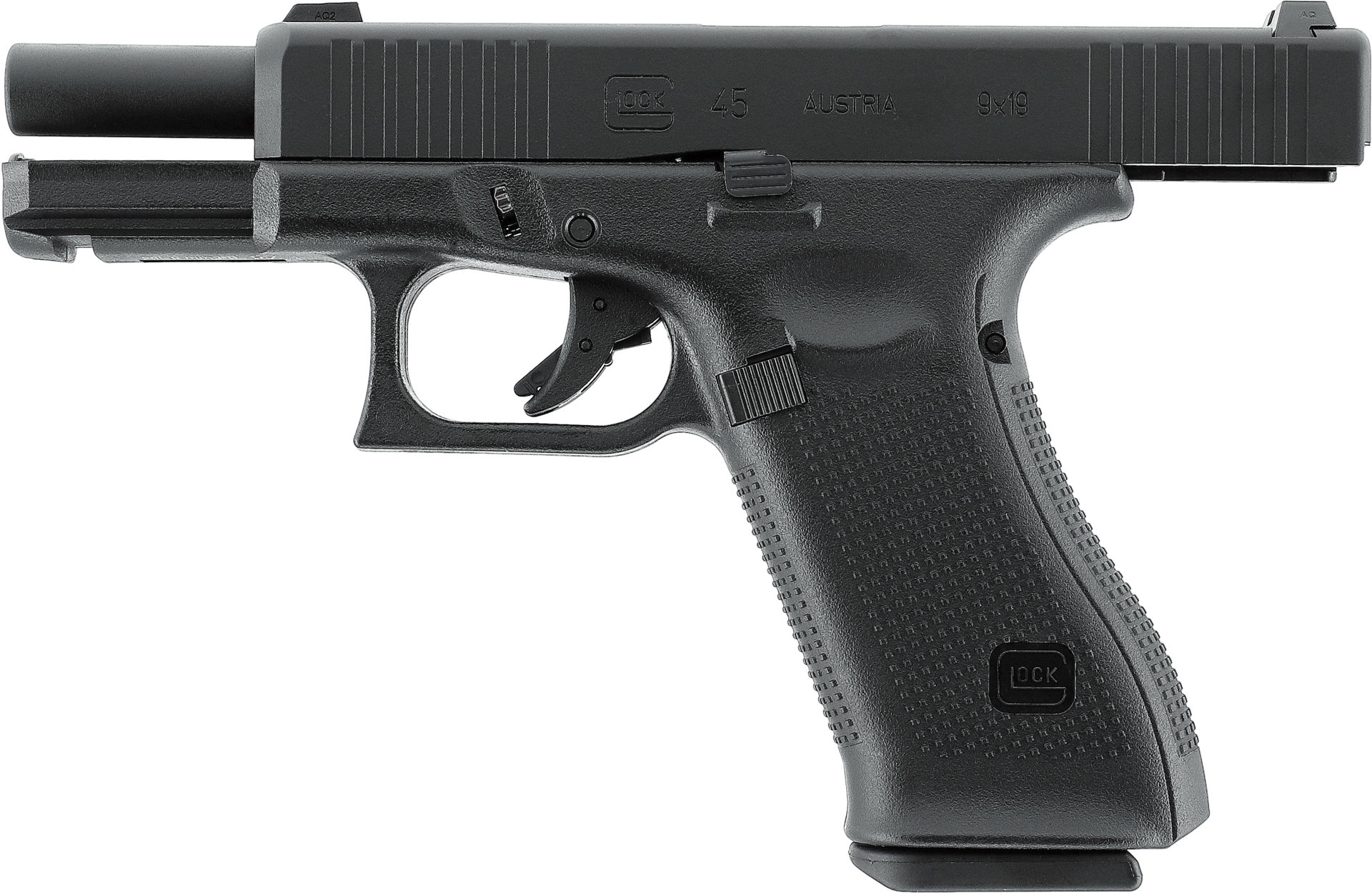 Schwarze Airsoft-Pistole, seitliche Ansicht, mit strukturiertem Griff und Abzug.