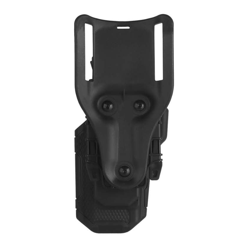 Wosport Universal Holster GB-84 Schwarzes Airsoft-Holster aus Kunststoff, geeignet zur Befestigung an Gürtel oder Weste, mit robustem Design.