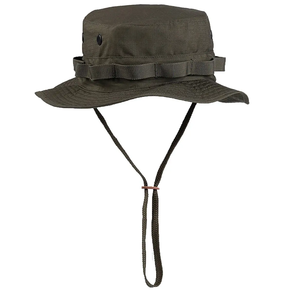 Olivgrüner Boonie-Hut mit Kinnband, ideal für Airsoft und Outdoor-Einsätze.