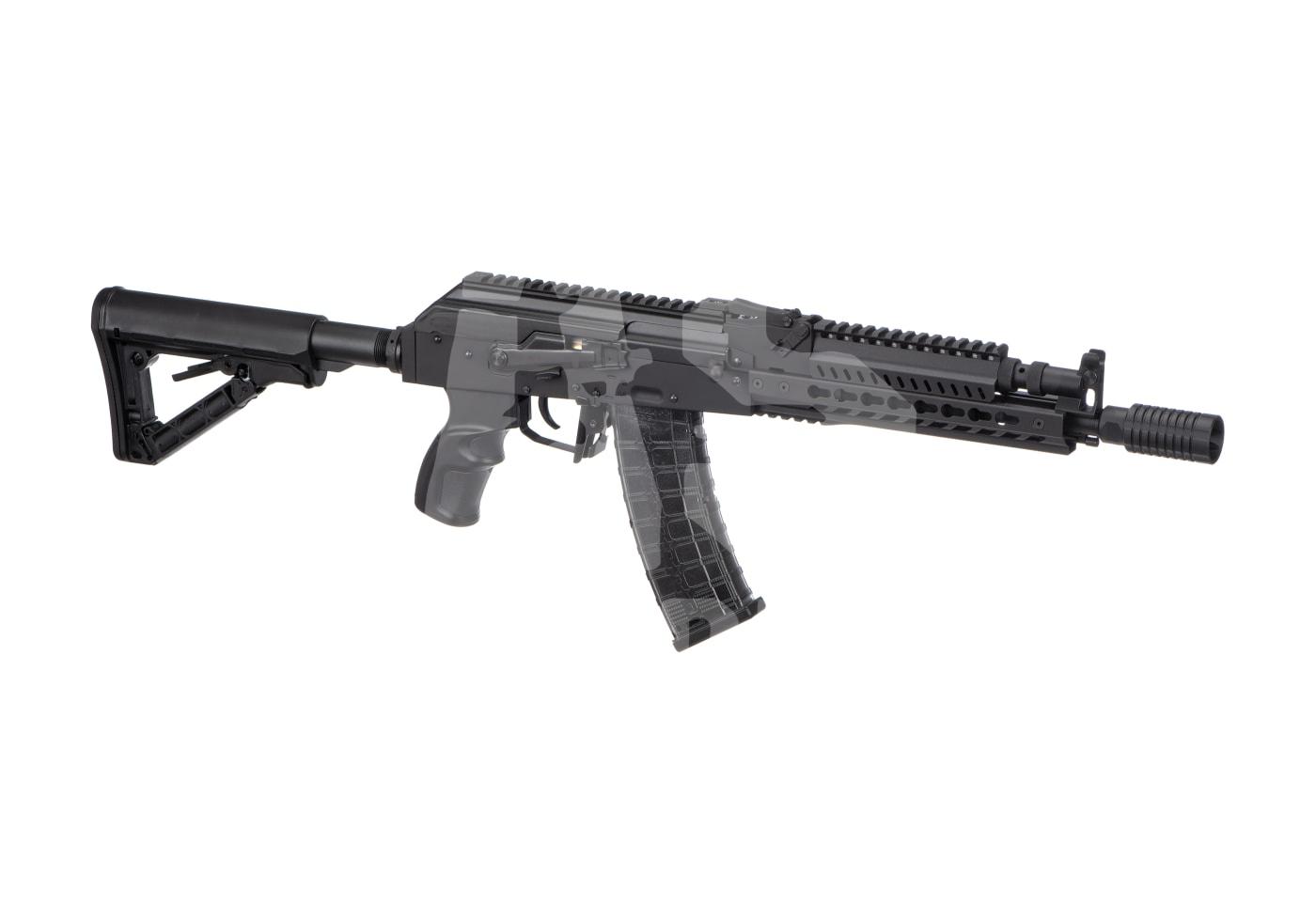 Airsoft-Gewehr, modernes Design, taktischer Schaft, Schwarz, seitliche Ansicht.