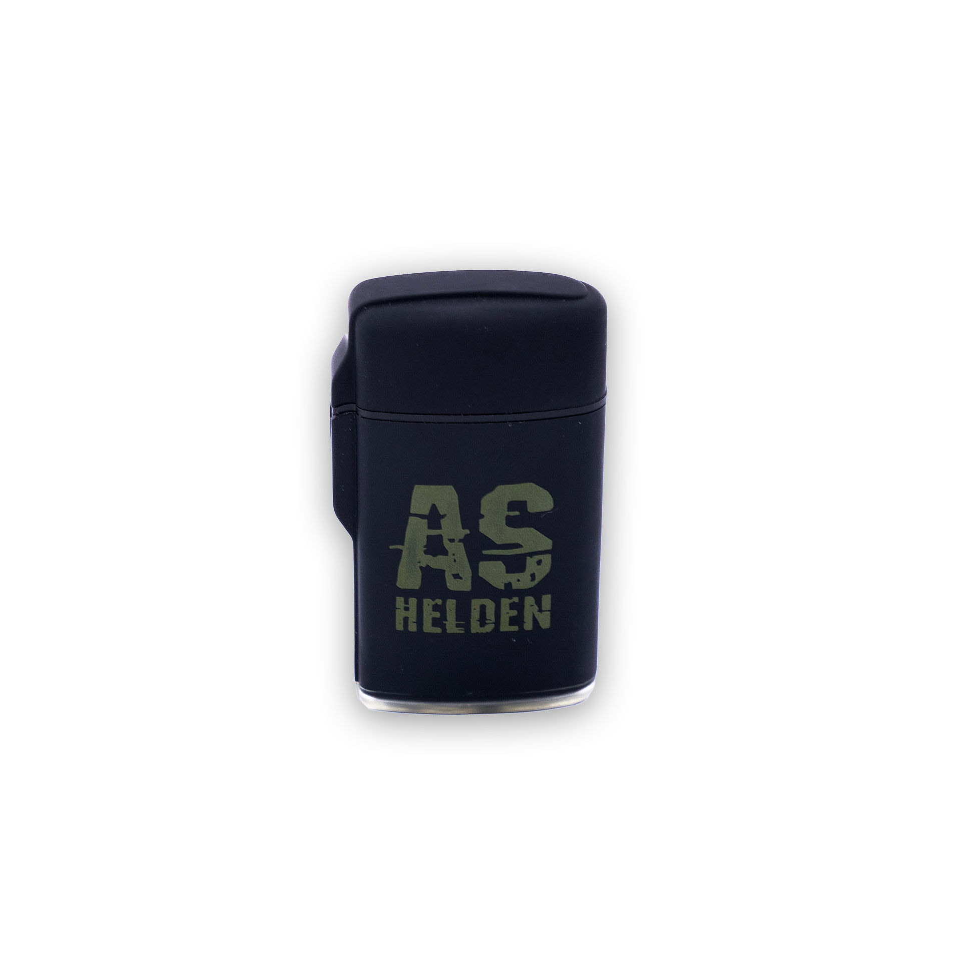Airsoft Helden - Jet-Flame Feuerzeug Schwarzes Feuerzeug mit "AS Helden" Logo, kompakt und stilvoll für Airsoft-Enthusiasten.
