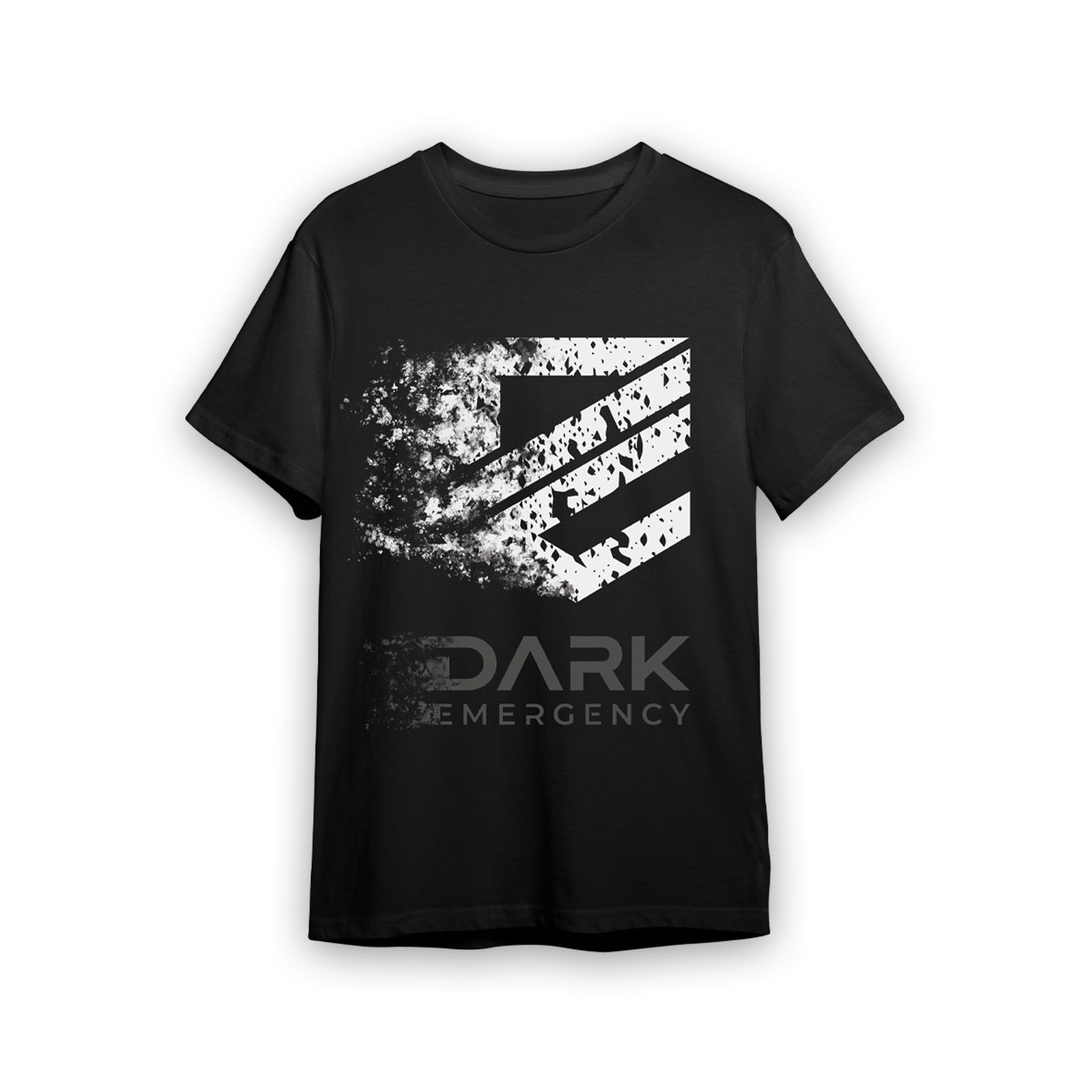 Dark Emergency 2023 - Festival T-Shirt Schwarzes T-Shirt mit "Dark Emergency" Schriftzug und abstraktem, gesprenkelt weißem Logo.