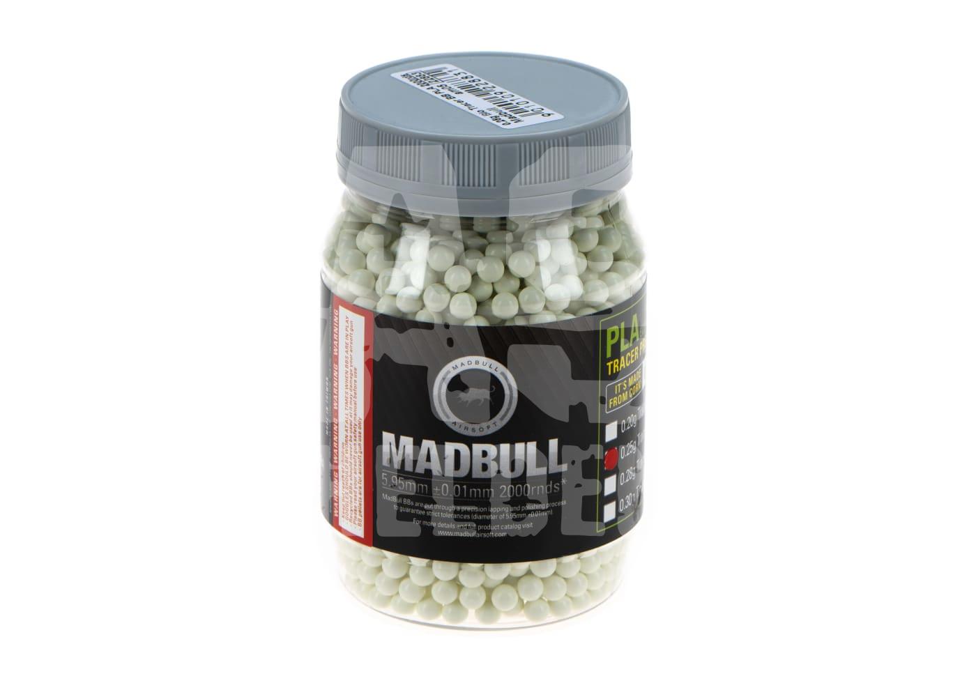 Madbull Airsoft BBs, 5,95 mm, 2000 Stück, in durchsichtiger Plastikdose mit schwarzem Etikett.