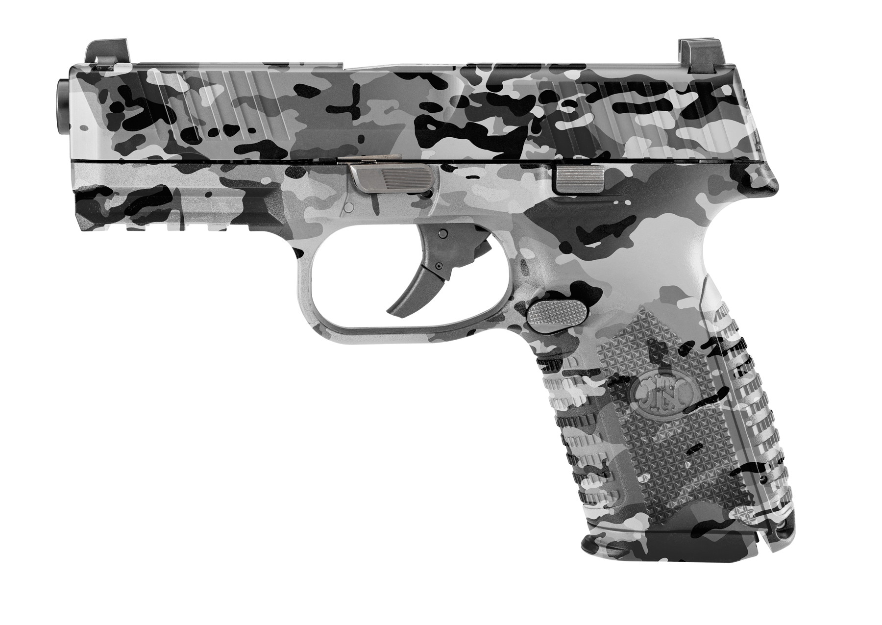 Tarnmuster-Pistole in Grau- und Schwarztönen, realistisches Airsoft-Design.