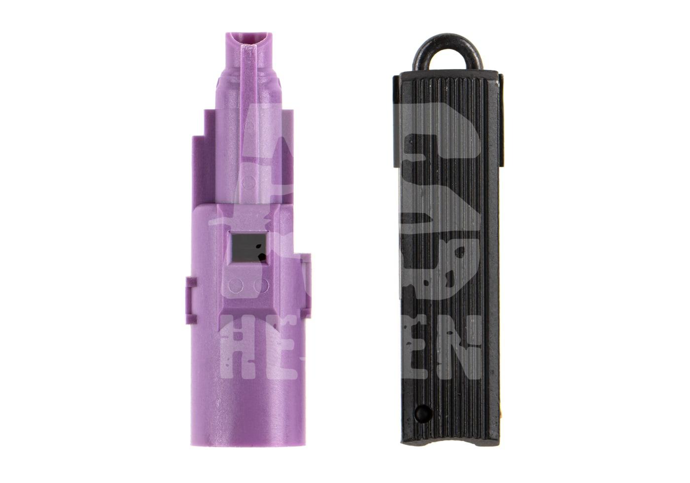 Airsoft Hop-Up-Kammer und Tensioner Set, lila und schwarz, für präzise Schussanpassung.