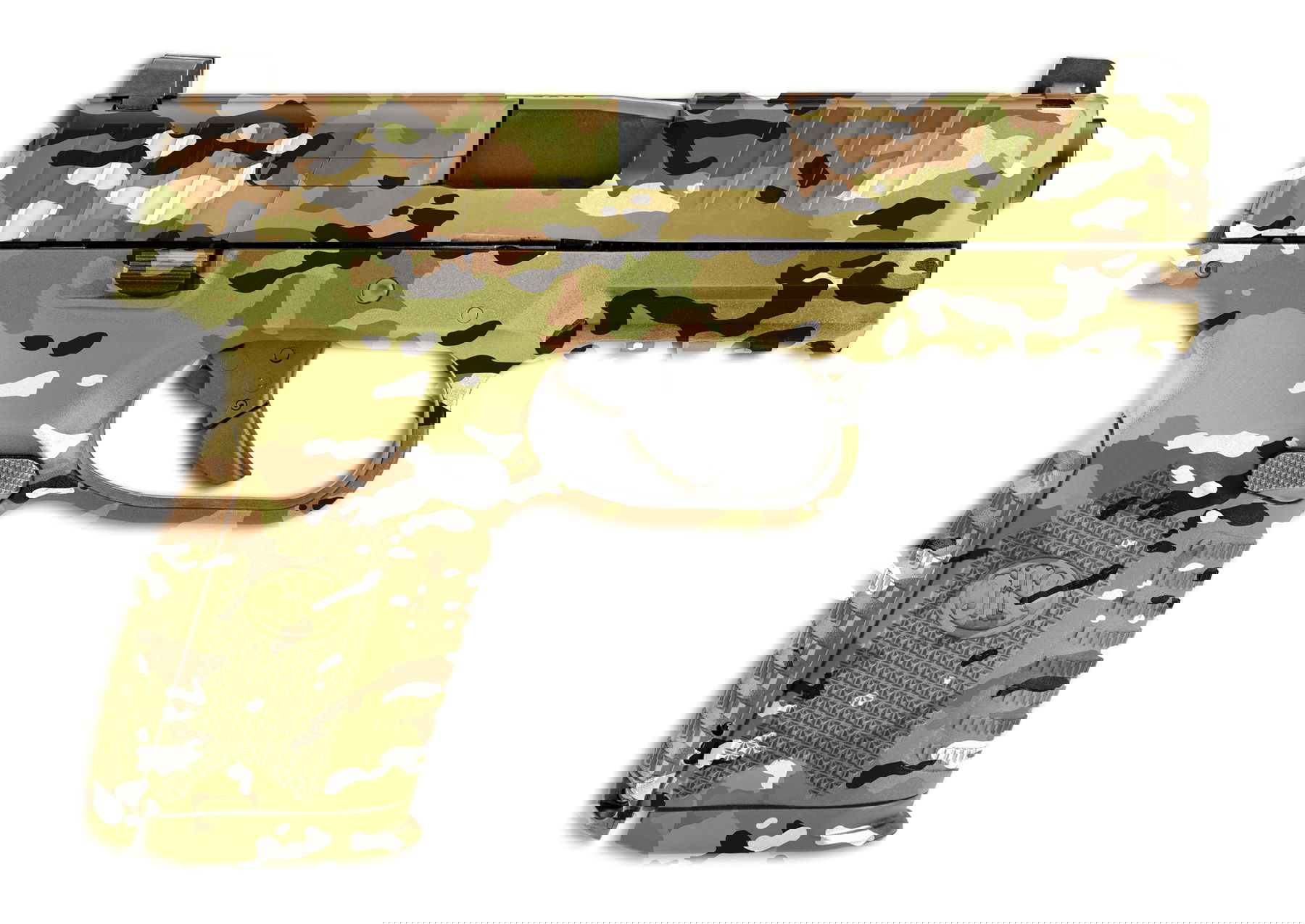 Tarnfarbene Airsoft-Pistole mit Kamouflage-Design für taktisches Spiel.