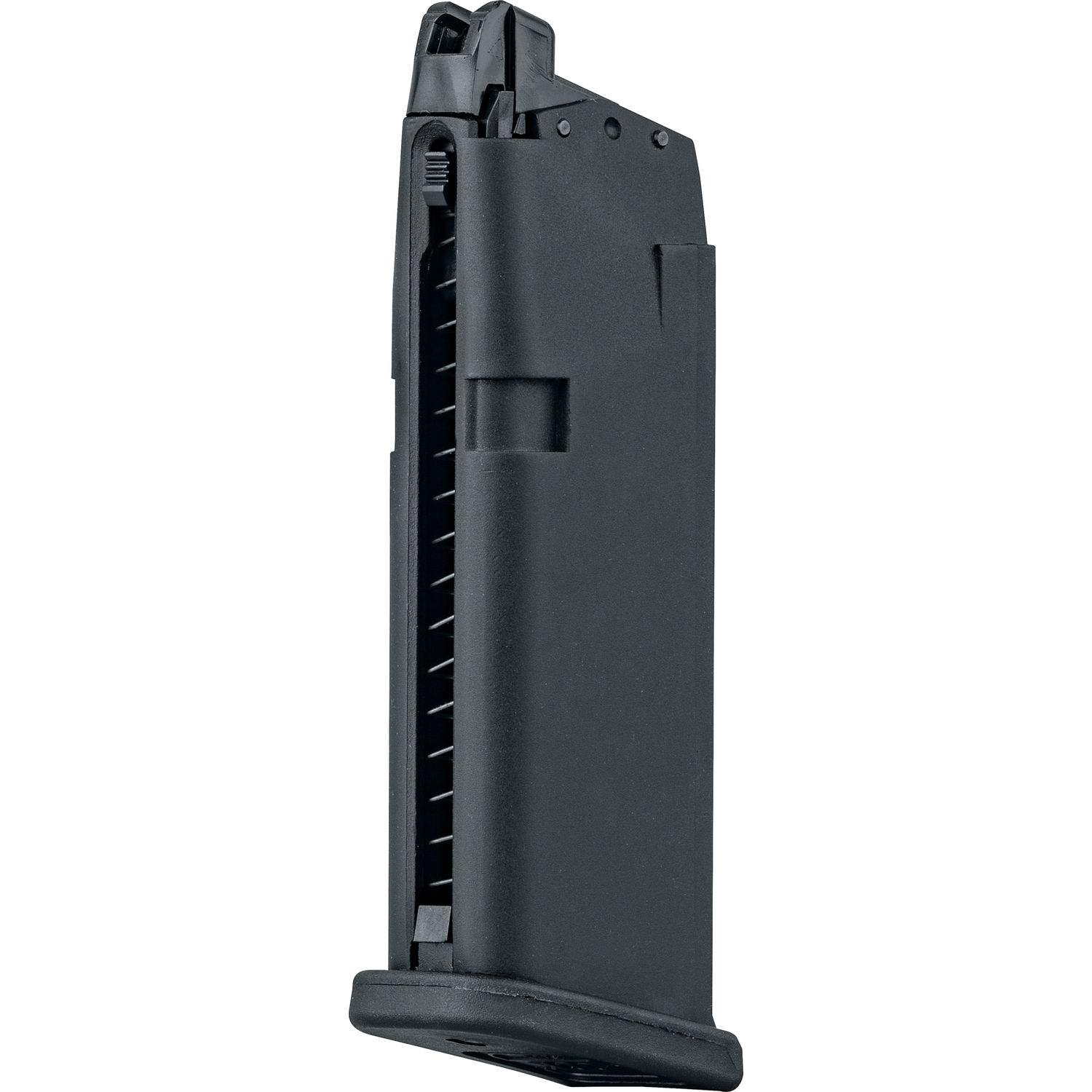 Schwarzes Airsoft-Pistolenmagazin, seitliche Ansicht.